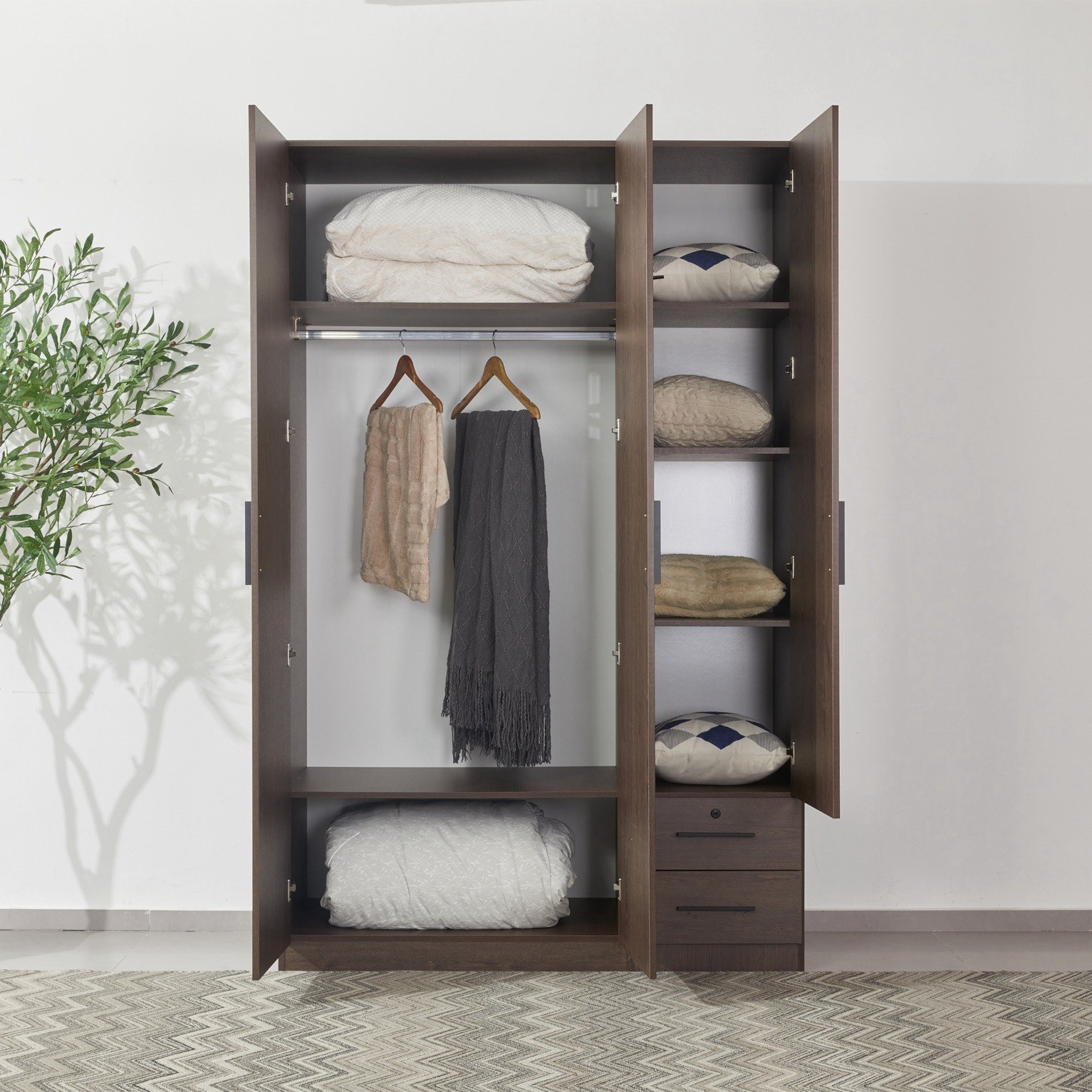 Movo Hotelya 3 Door Wardrobe with 2 Drawers Locks and Mirrors-hbxfurniture-wardrobes-image-2
