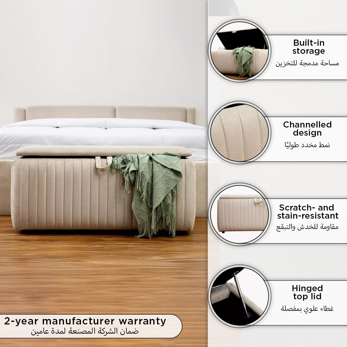 Hampton Upholstered Bed Bench with Storage - 100x50x48 cm-hbxfurniture-sofasandarmchairs-benches-image-11