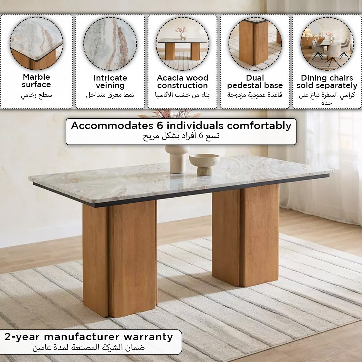 Cavon Bellmar Genuine Marble Top 6-Seater Dining Table with Solid Wood Base-hbxdiningroom-diningtablesandsets-diningtables-sixseater-image-9
