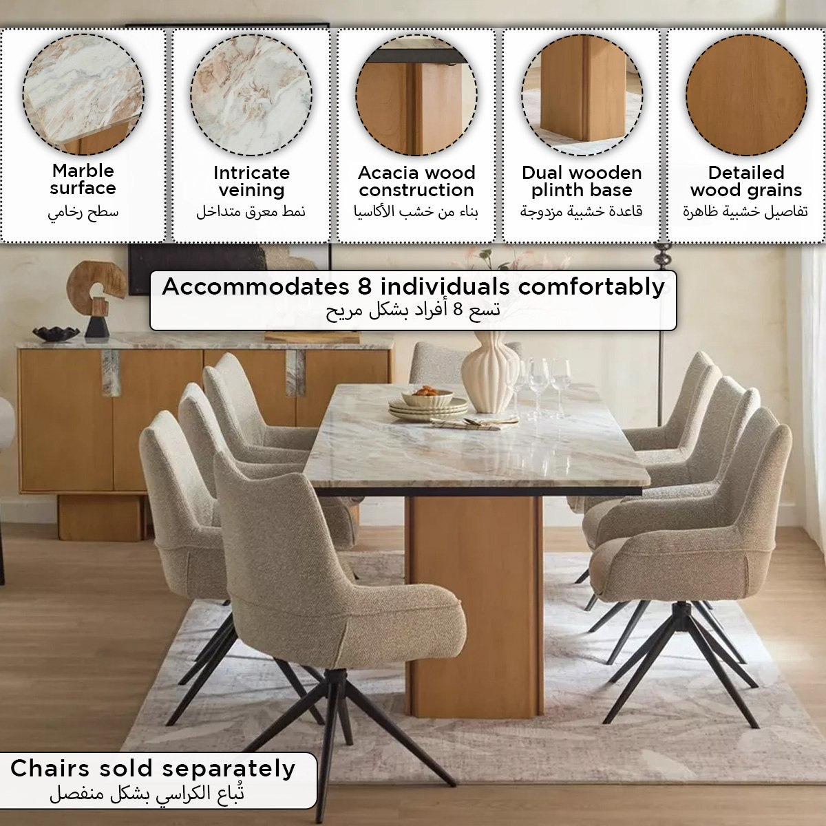 Cavon Bellmar Genuine Marble Top 8-Seater Dining Table with Solid Wood Base-hbxfurniture-diningroom-diningtables-eightseater-image-11