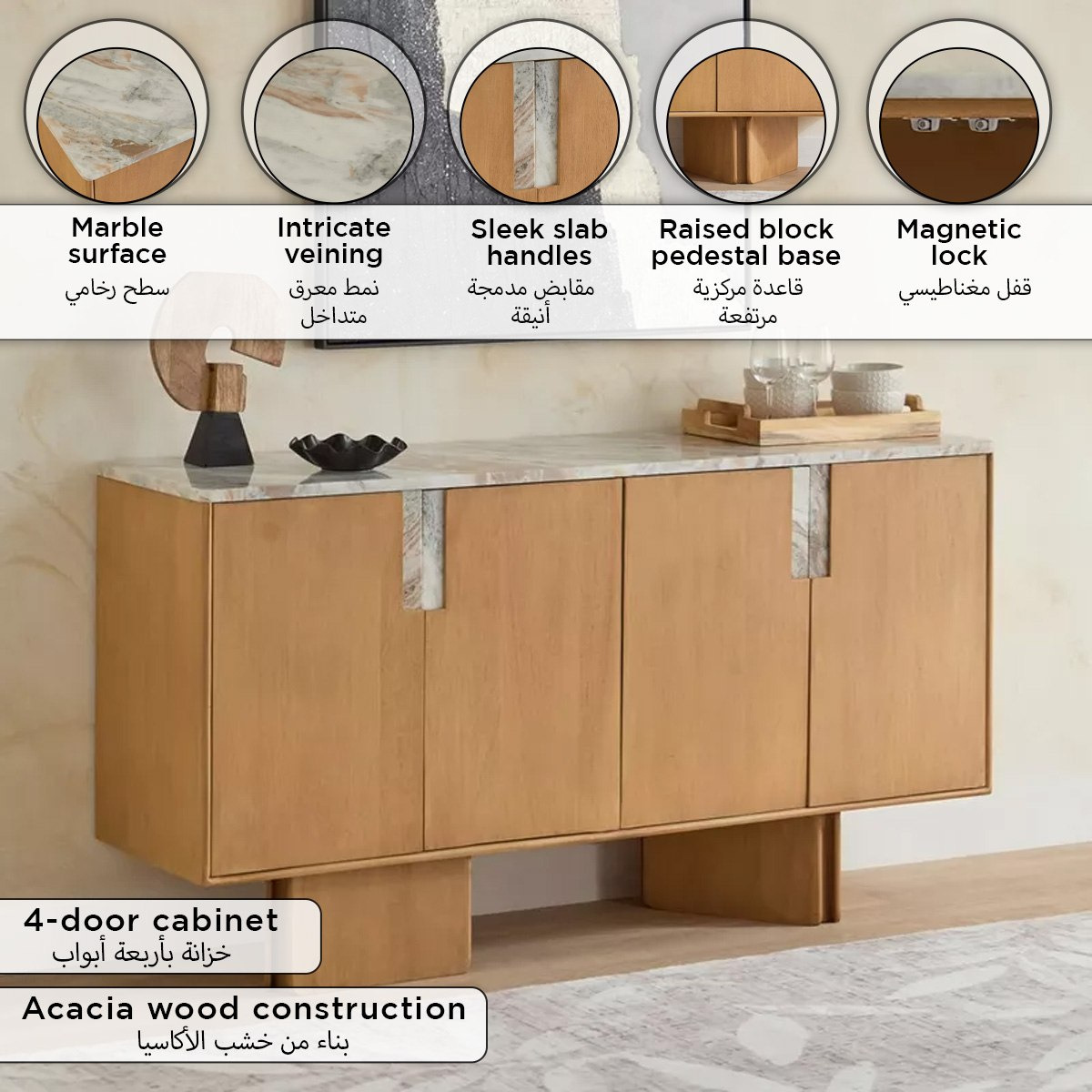Cavon Bellmar Genuine Marble Top 1.6 Meter 3-Door Solid Wood Sideboard-hbxfurniture-diningroom-buffetsandsideboards-image-13