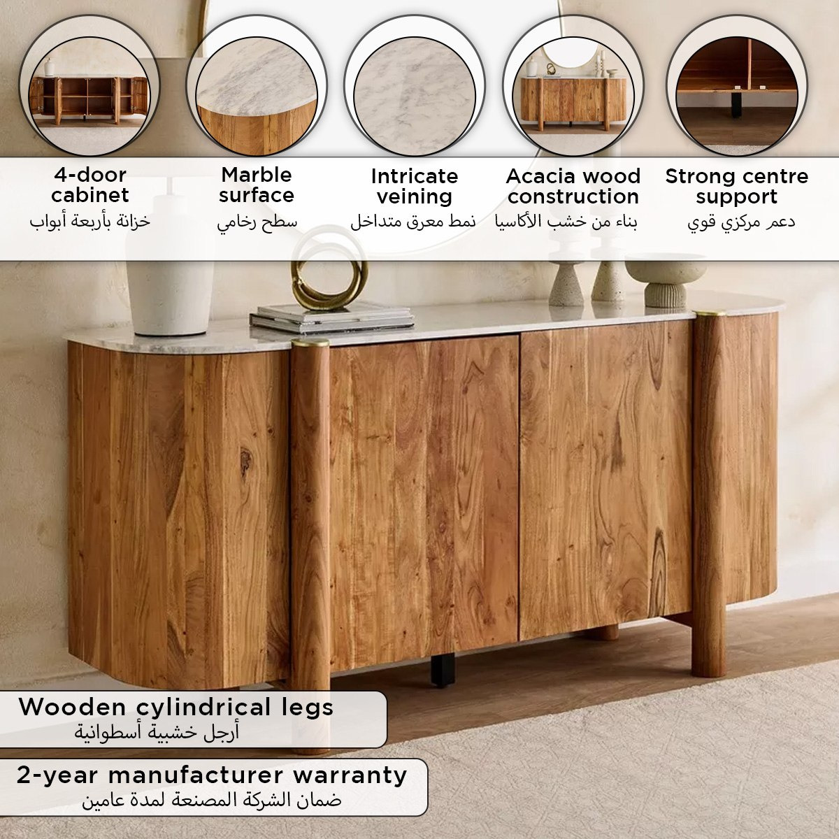 Cavon Caretto 1.8 Meter 4-Door Solid Wood Sideboard with Genuine Marble Top-hbxfurniture-diningroom-buffetsandsideboards-image-12