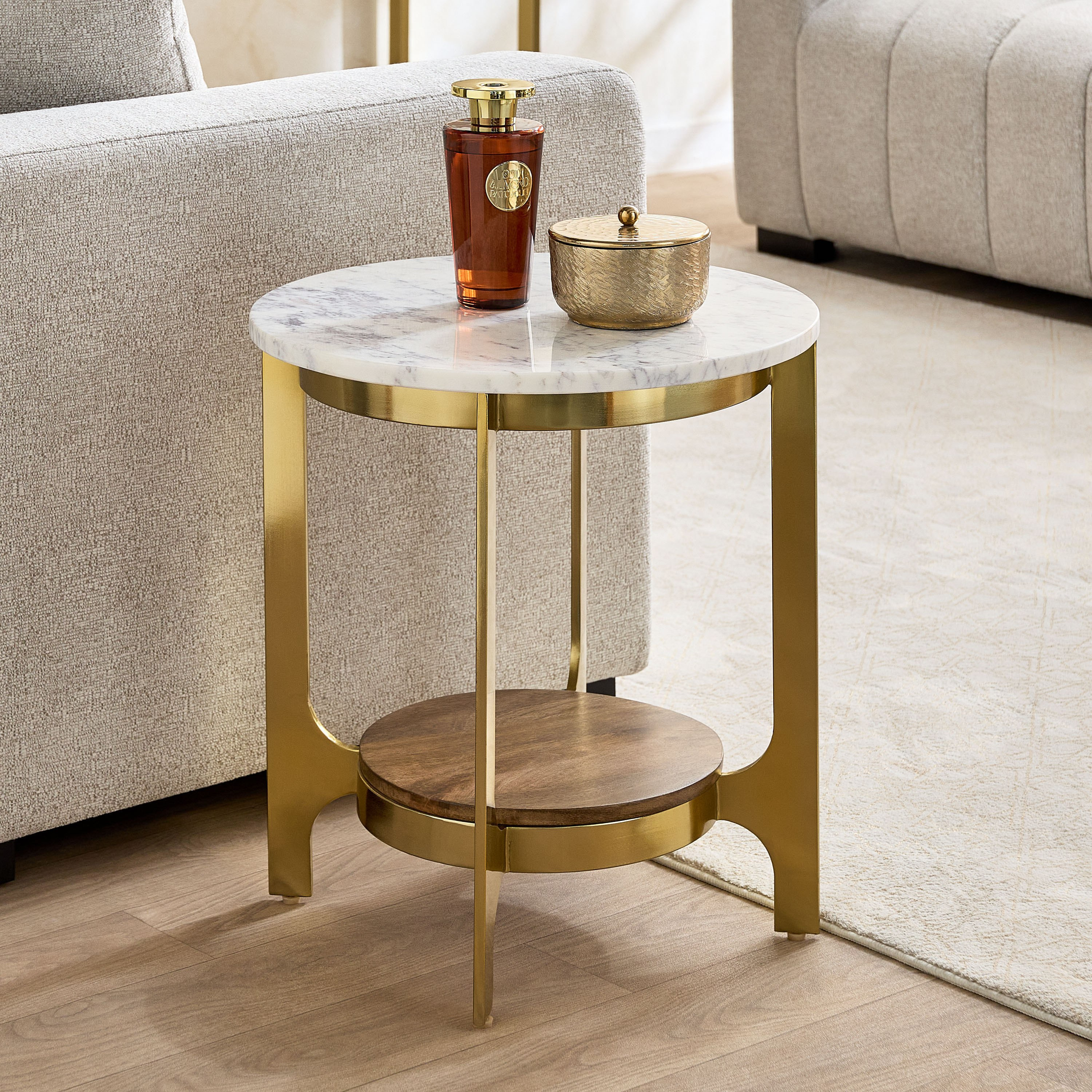 Vendra Orla Genuine Marble Top End Table with Solid Wood Shelf-hbxfurniture-livingroom-endtables-image-1
