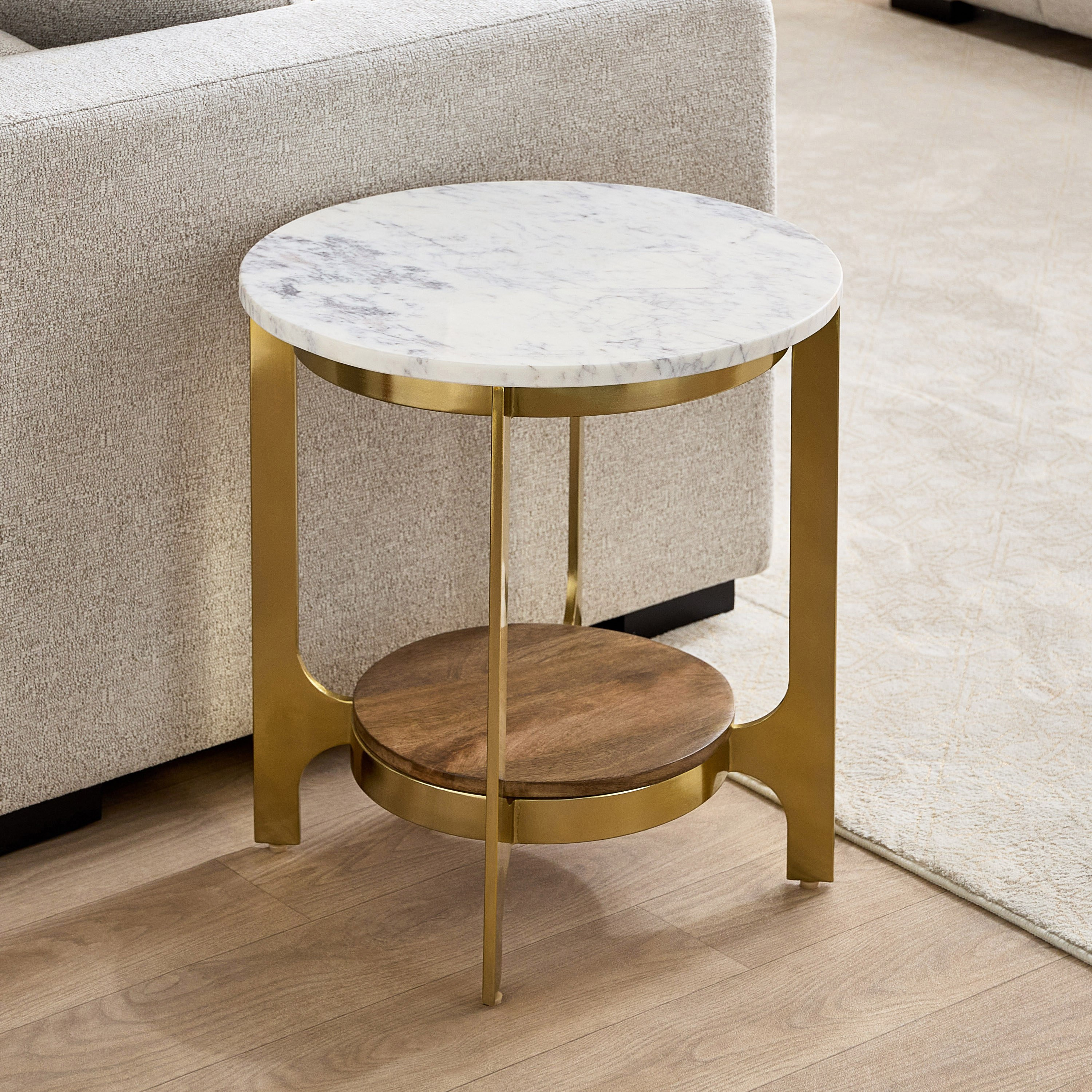 Vendra Orla Genuine Marble Top End Table with Solid Wood Shelf-hbxfurniture-livingroom-endtables-image-2