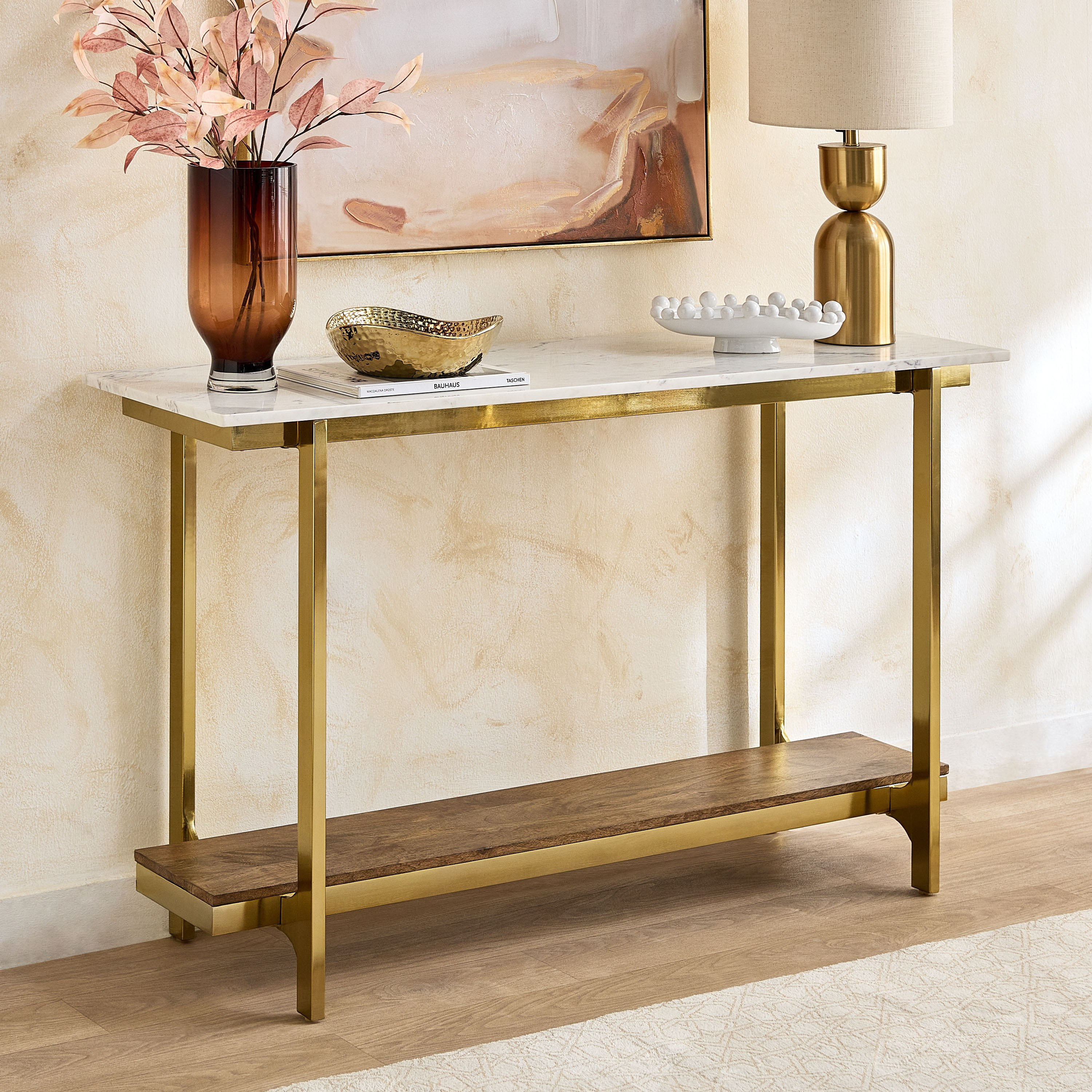طاولة كونسول بسطح رخام أصلي مع رف خشب صلب أورلا من فندرا-hbxfurniture-tablesandstands-consoletables-image-1