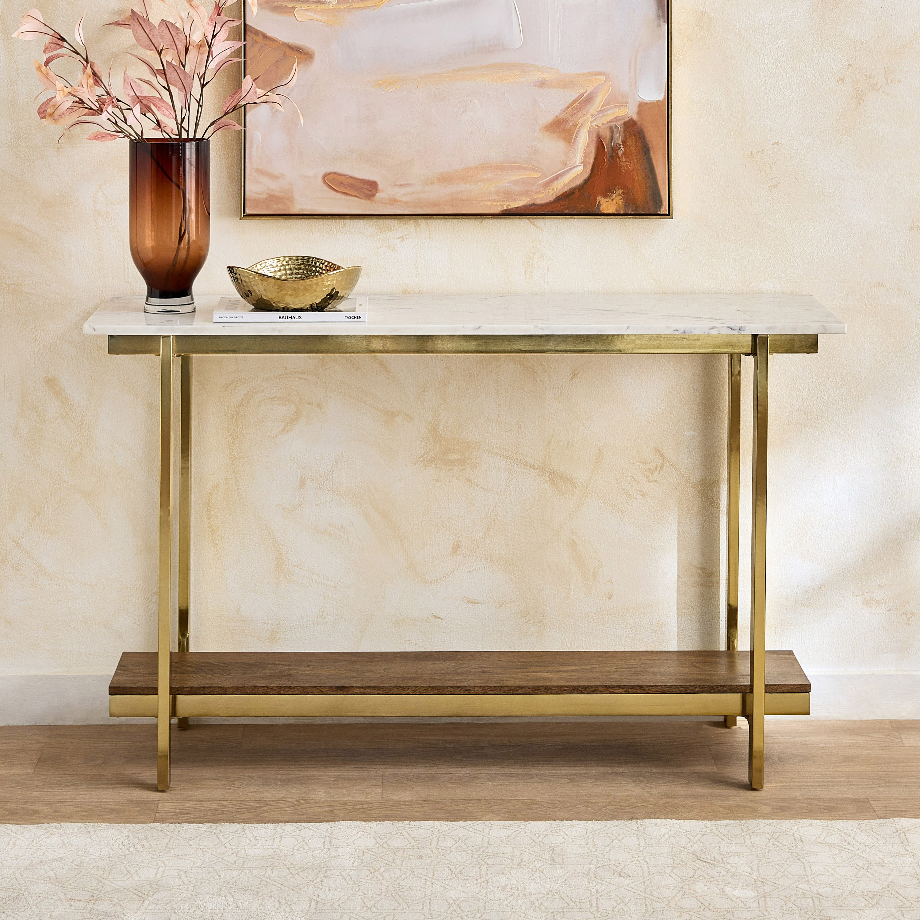 طاولة كونسول بسطح رخام أصلي مع رف خشب صلب أورلا من فندرا-hbxfurniture-tablesandstands-consoletables-image-2