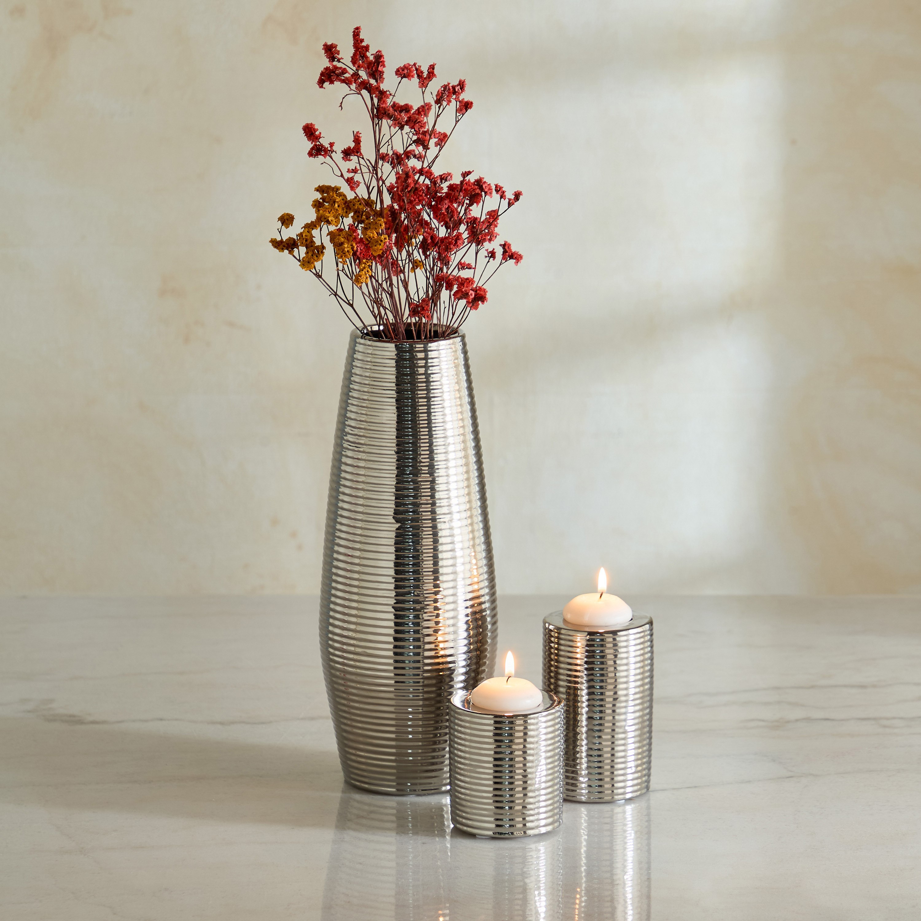 Aurum Titany Dune 3-Piece Ceramic Ribbed Vase and Tealight Candleholder Gift Set-hbxlivingroom-decorandaccessories-candleholders-image-1