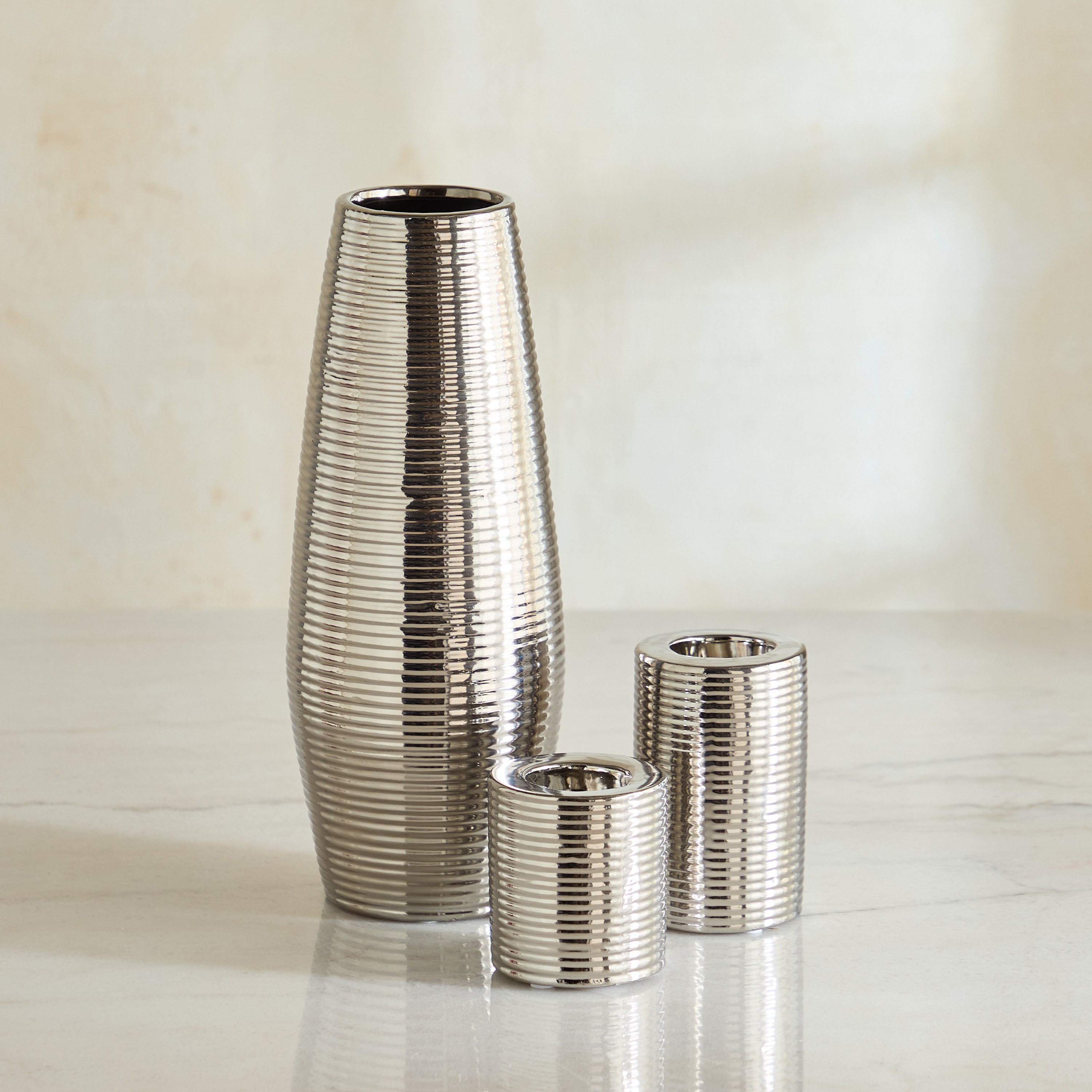 Aurum Titany Dune 3-Piece Ceramic Ribbed Vase and Tealight Candleholder Gift Set-hbxlivingroom-decorandaccessories-candleholders-image-2