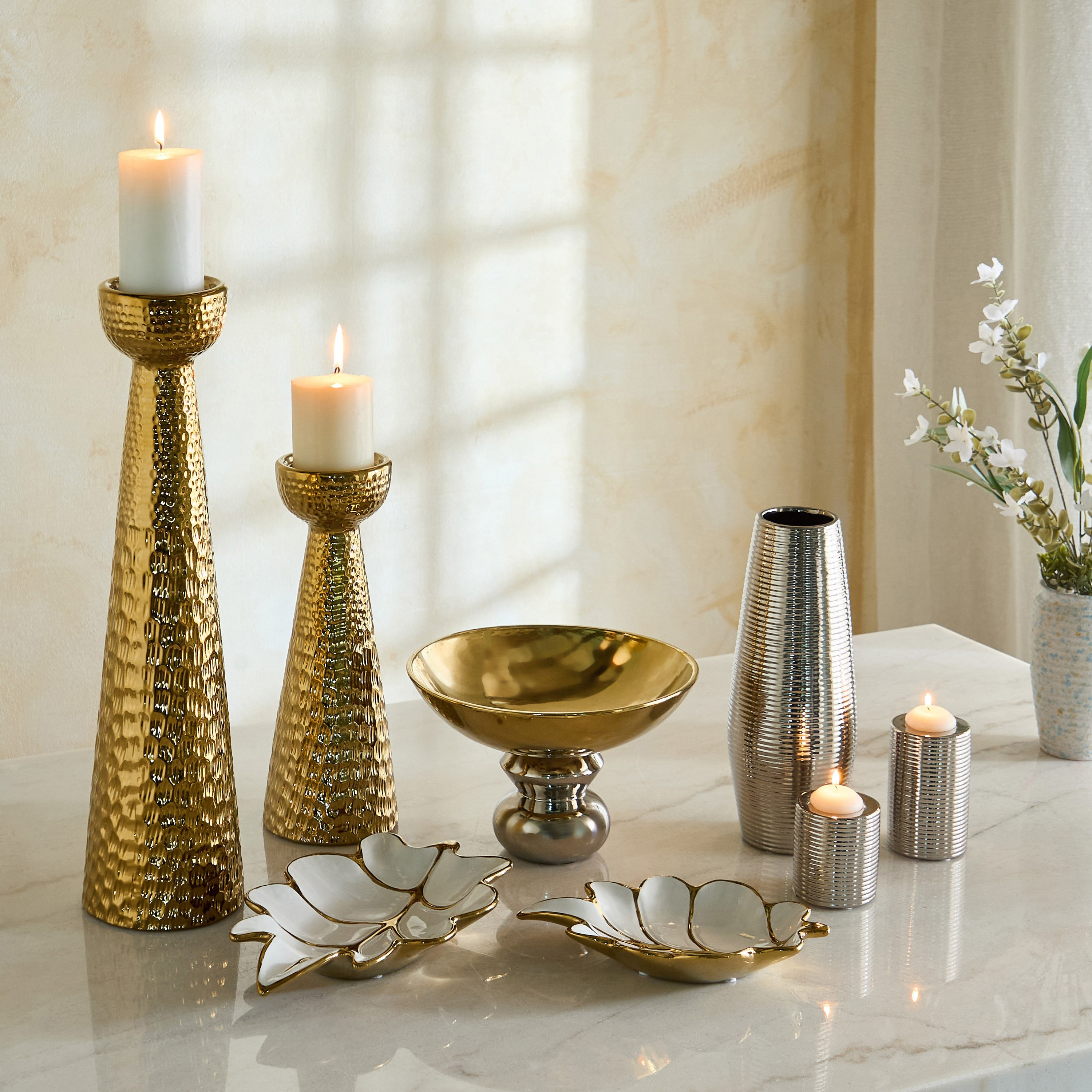 Aurum Titany Dune 3-Piece Ceramic Ribbed Vase and Tealight Candleholder Gift Set-hbxlivingroom-decorandaccessories-candleholders-image-5