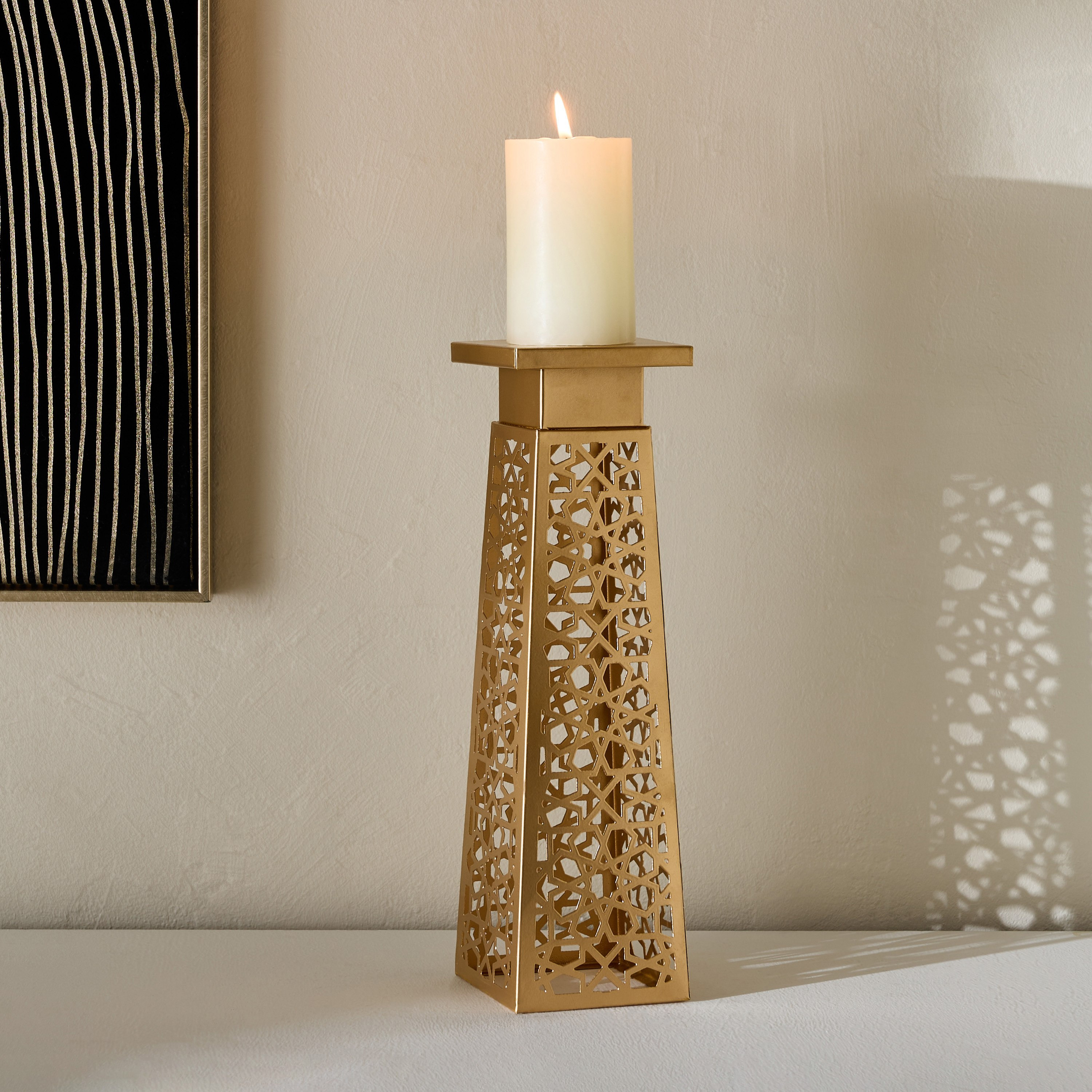 Arabesque Zaynah Small Decorative Cutwork Pillar Candleholder - 9x9x32 cm-hbxlivingroom-decorandaccessories-candleholders-image-1