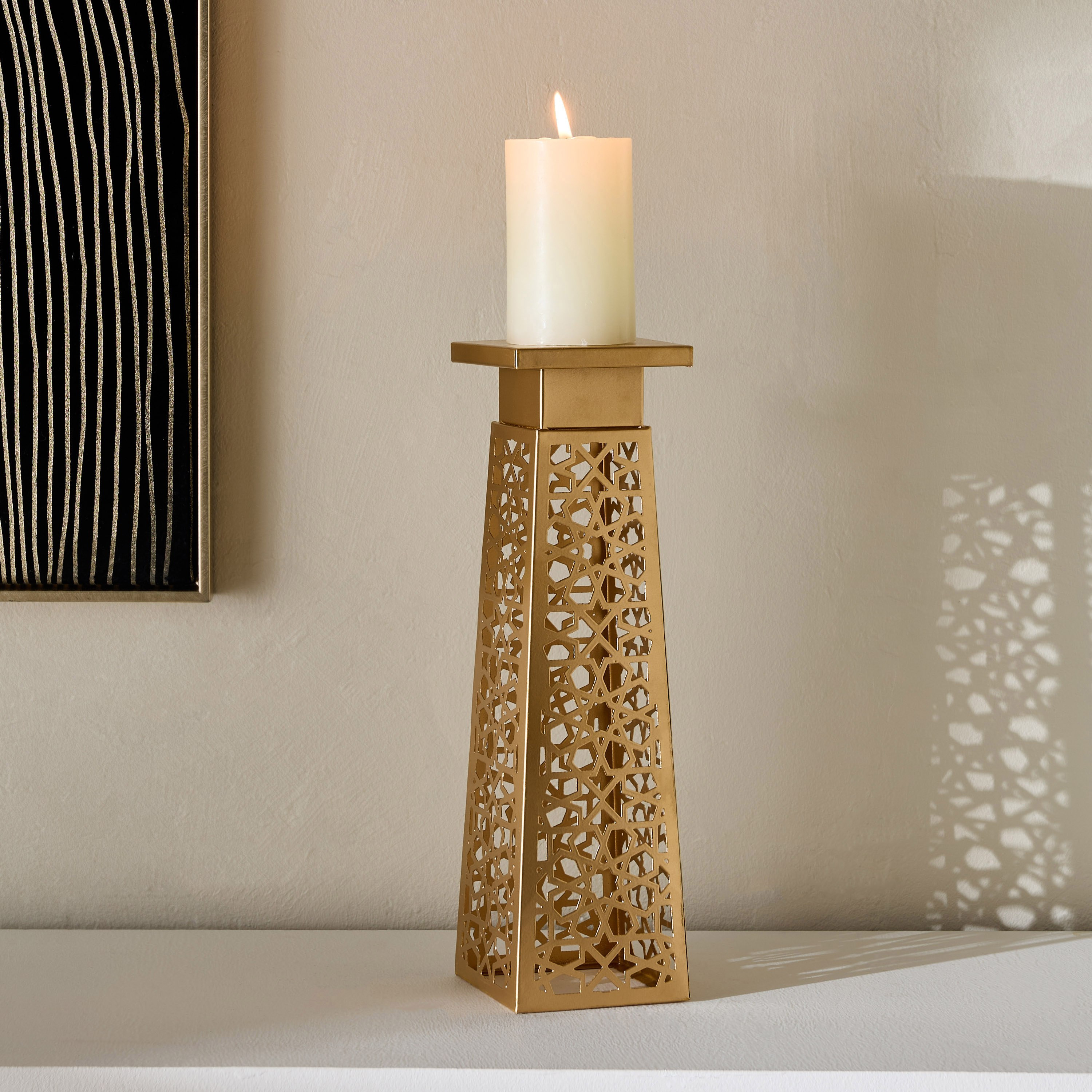 Arabesque Zaynah Large Decorative Cutwork Pillar Candleholder - 9x9x36 cm-hbxlivingroom-decorandaccessories-candleholders-image-1