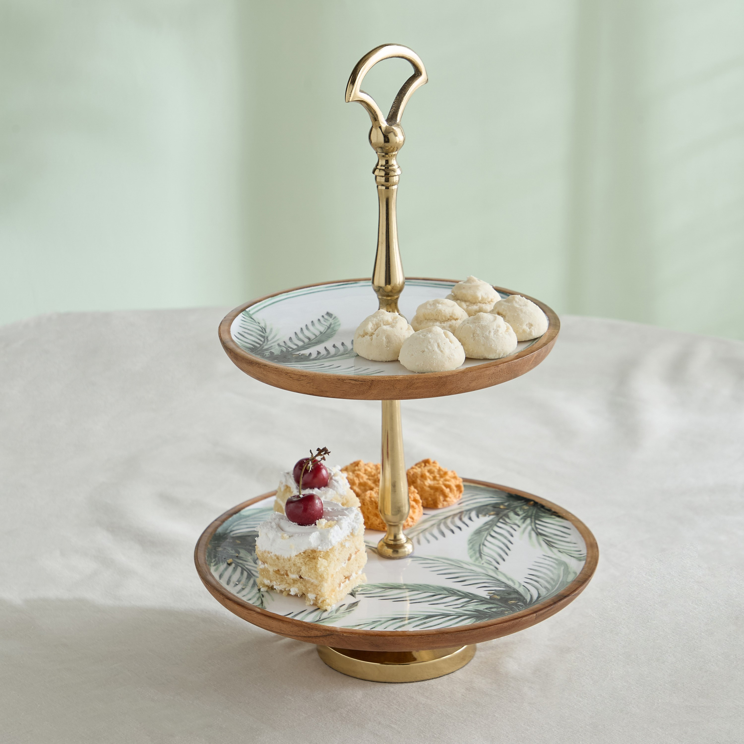 Palm Leaf 2-Tier Wooden Platter - 26.5x26.5x35.5 cm-hbxdecorandfurnishings-tabletop-serveware-image-1
