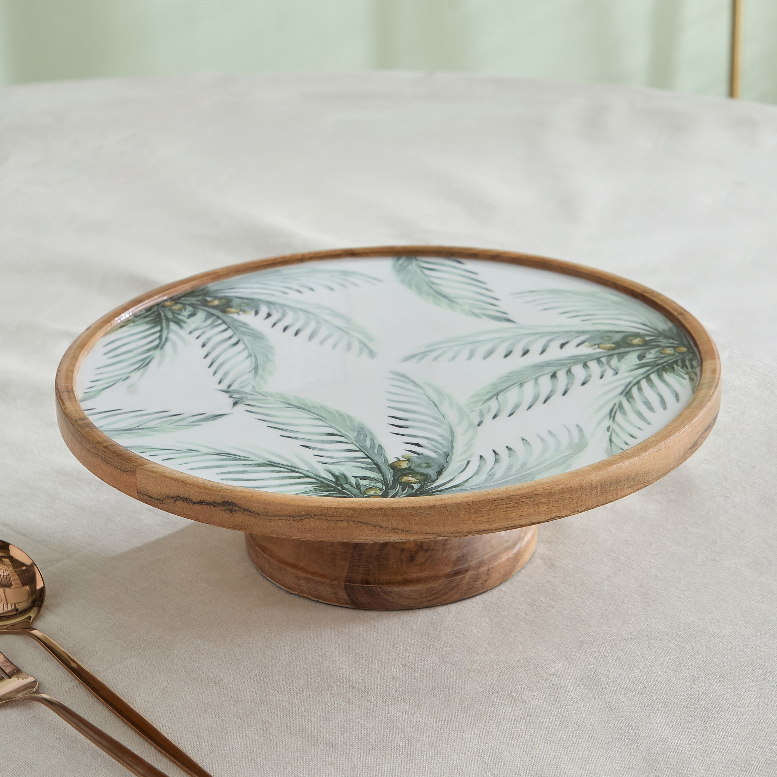 قاعدة تقديم بيديستال خشبية بتصميم سعف نخيل من بالم - 26.5x26.5x10 سم-hbxdecorandfurnishings-tabletop-serveware-image-1