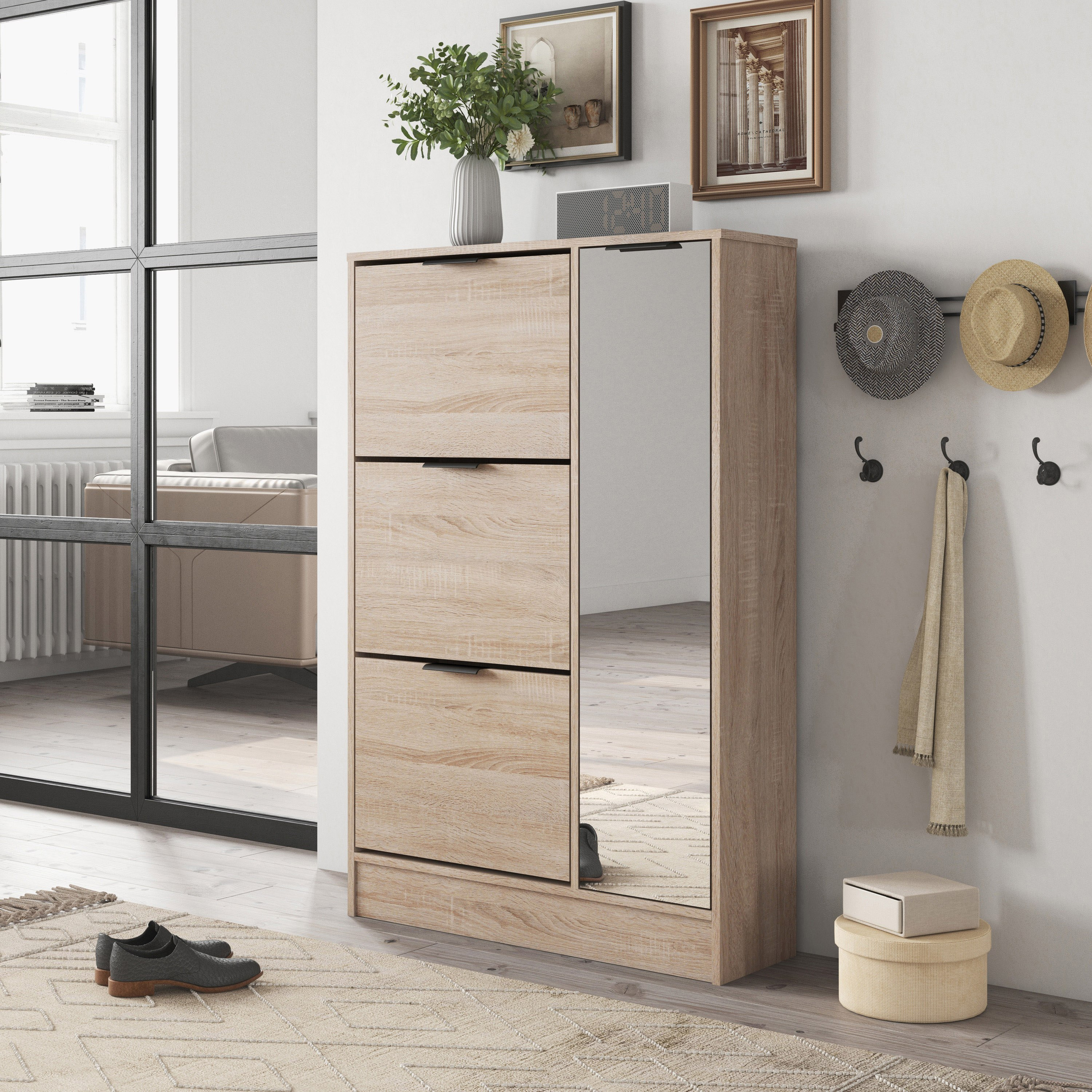 Malmo 3-Tier 18-Pair Shoe Cabinet with 1-Door and Mirror