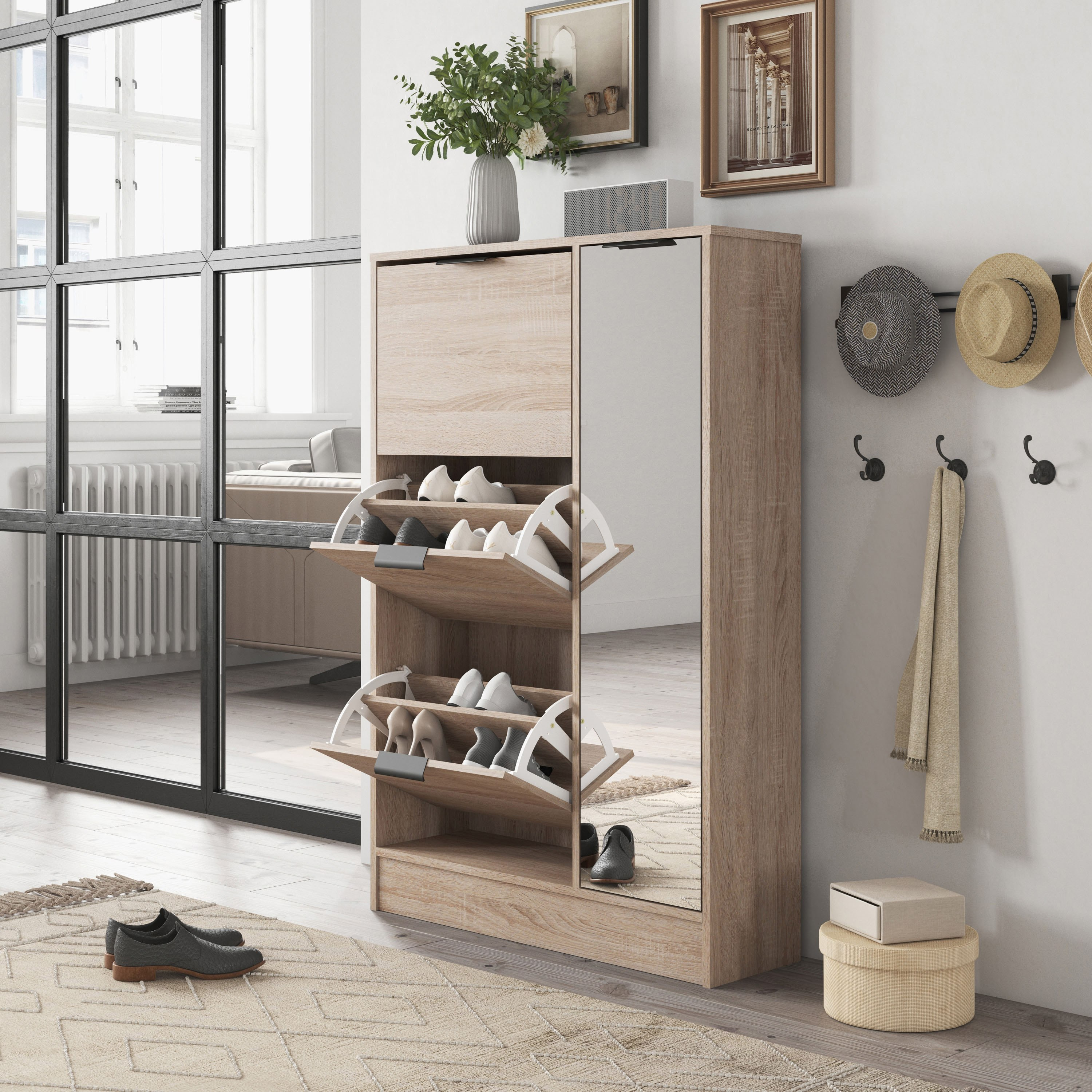 خزانة أحذية بـ 3 طوابق وباب واحد ومرآة لـ 18 زوج من مالمو-hbxbedroom-shoecabinetsandracks-image-2