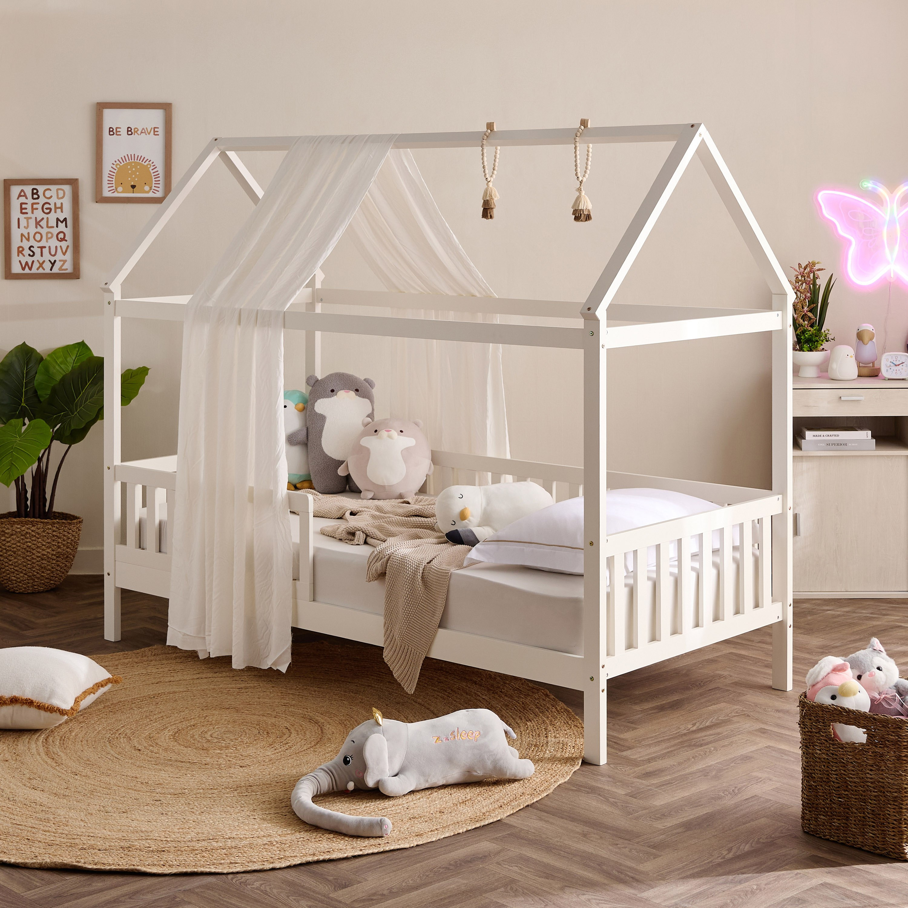 Movo Stova Vanilla House Single Bed with Fence - 90x200 cm-hbxfurniture-bedsandbedsets-beds-single-image-1
