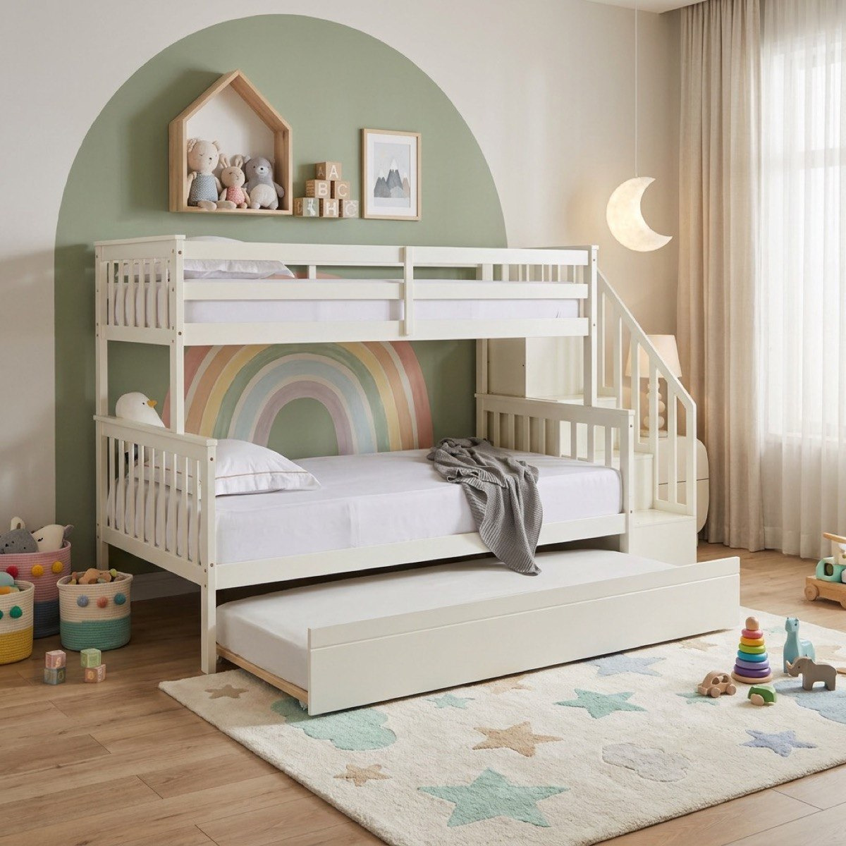 Stova Vanilla Twin Step Single Bunk Bed with Pull Out and Storage - 90x200 cm-hbxkidsandyouth-bedsandbedsets-bunkbeds-single-image-1