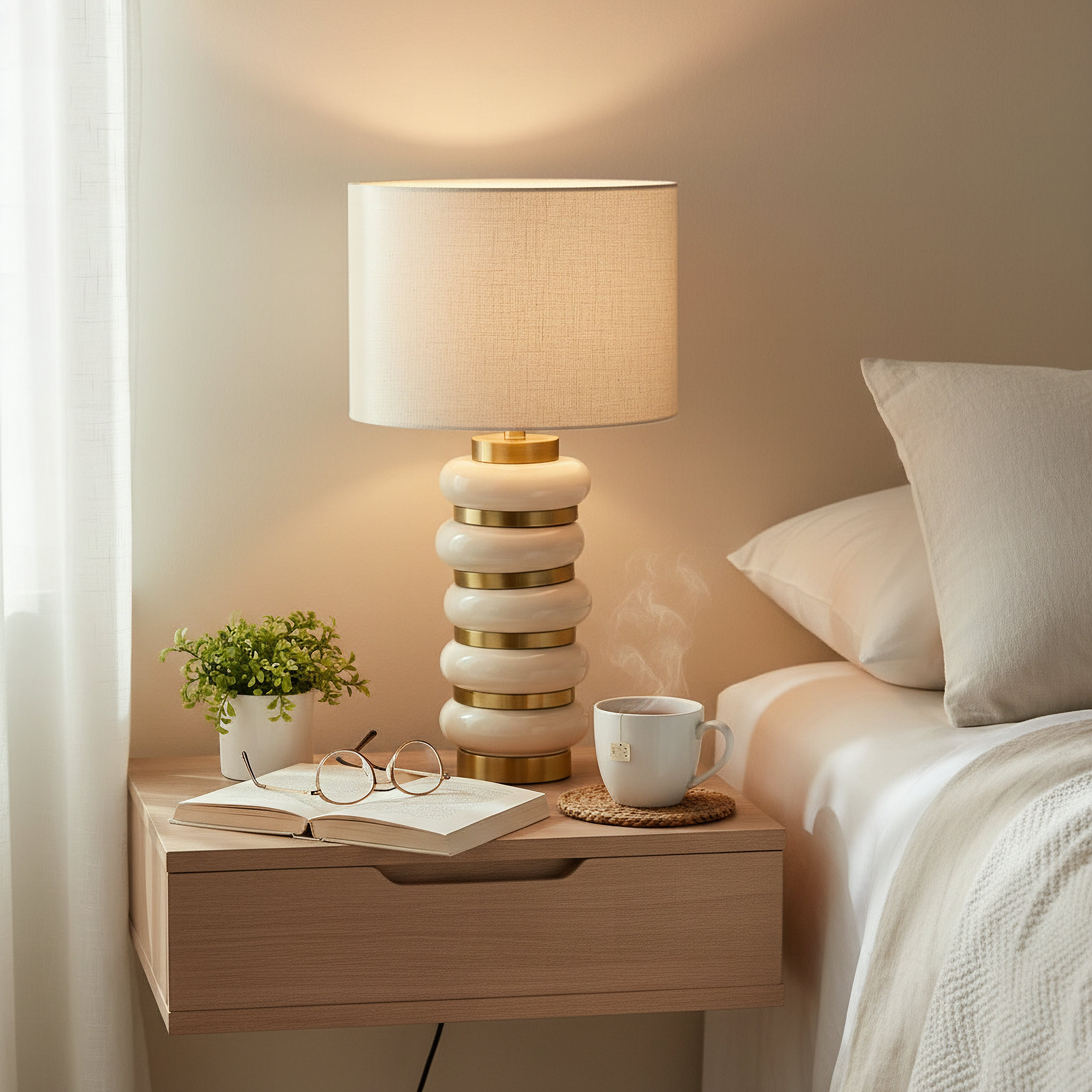 مصباح طاولة معدن وسيراميك بغطاء كتان من زيستون - 52 سم-hbxlivingroom-lighting-tablelamps-image-5