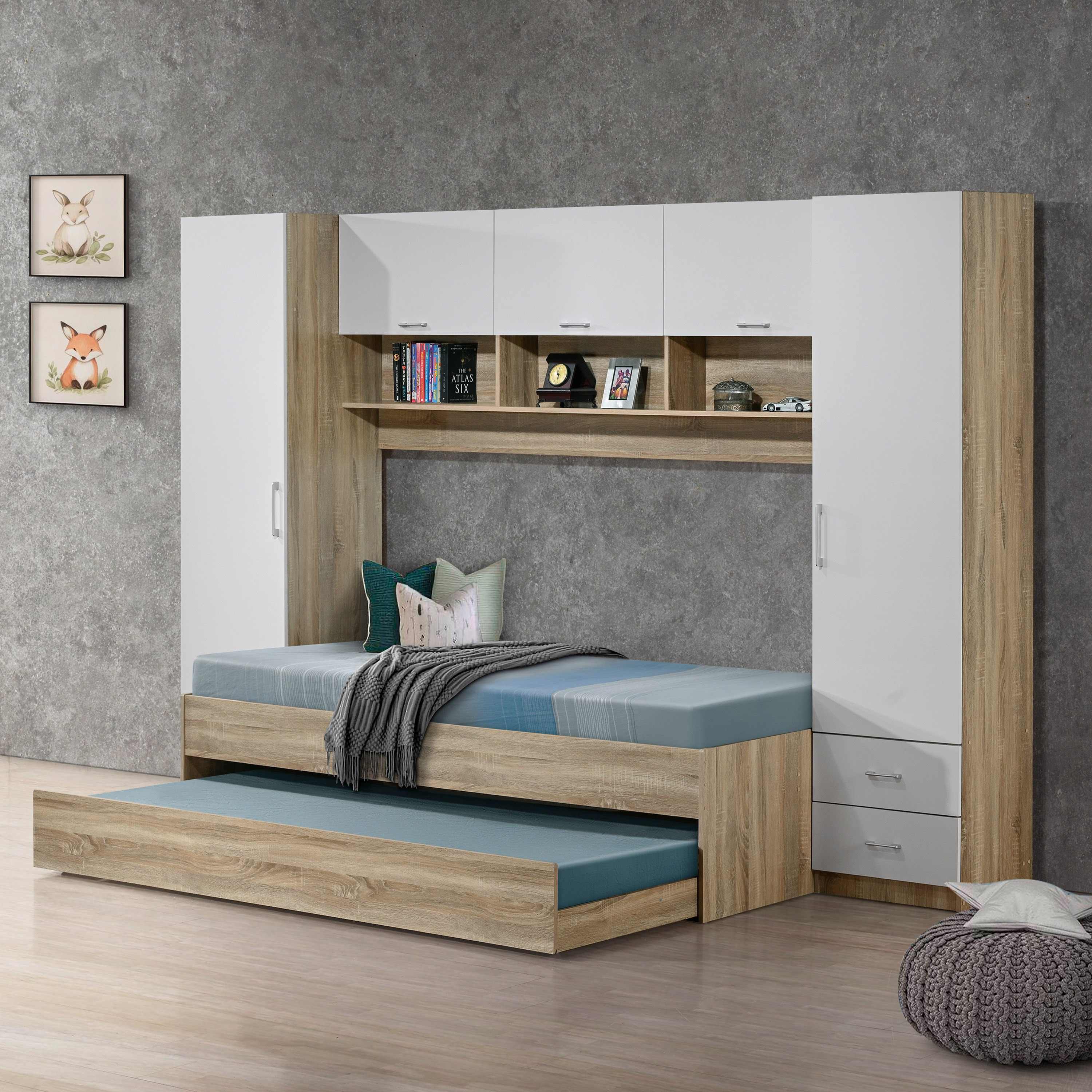Kulltorp Bridge Single Cabin Bed with Full Wall Cabinet and Pull Out - 90x200 cm-hbxfurniture-bedsandbedsets-beds-single-image-1