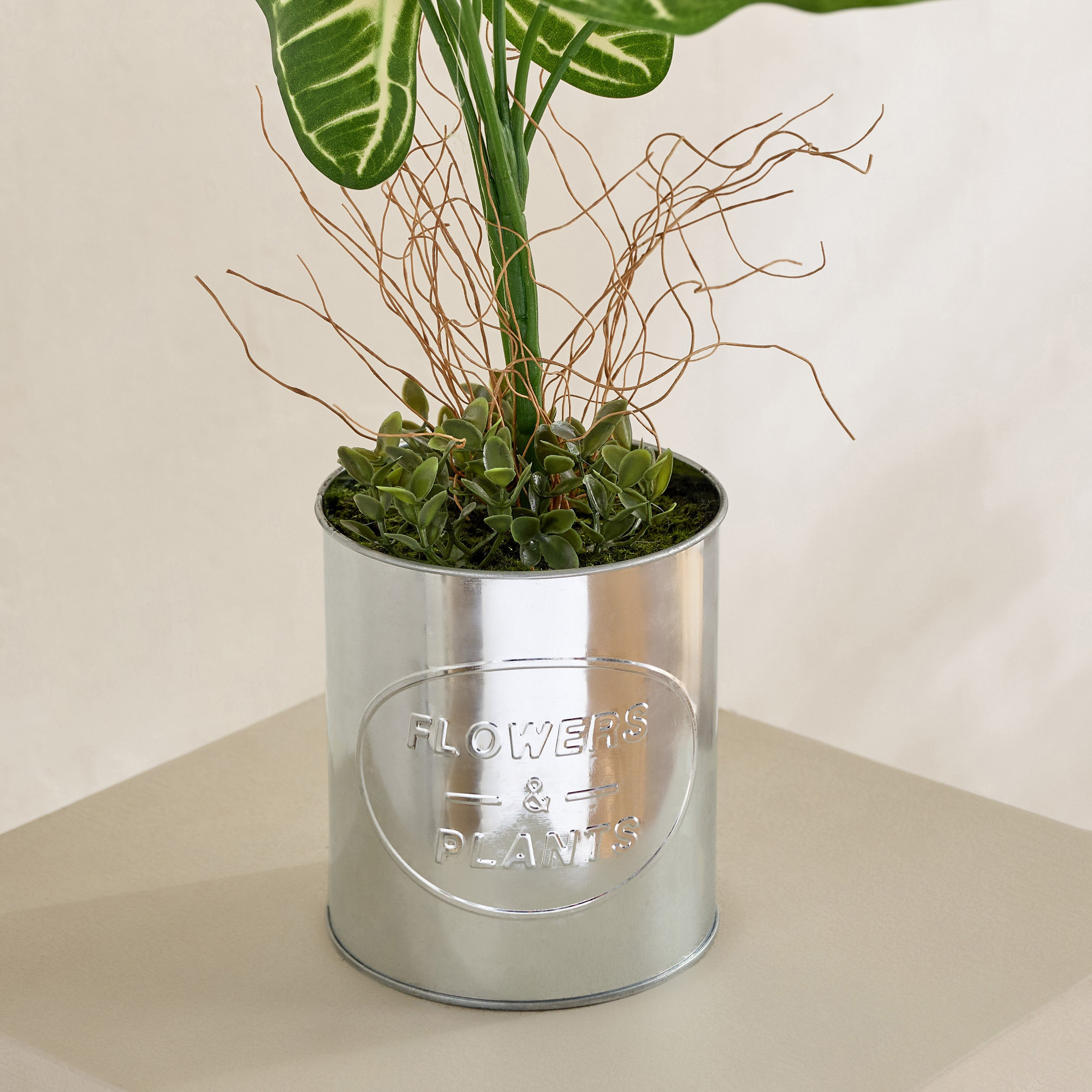 Evergreen Artificial Calathea Orbifolia Plant in Galvanised Iron Pot - 50 cm-hbxdecorandfurnishings-homeaccessories-artificialflowersandplants-image-2