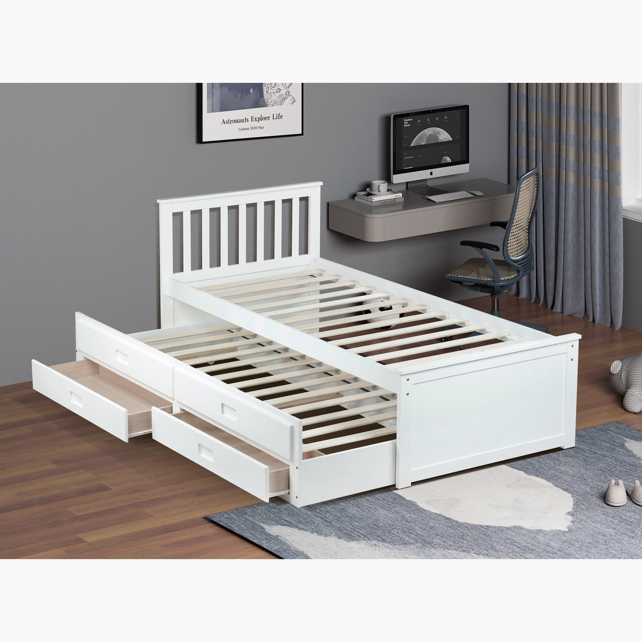 Movo Ivory Stova Captain Bed with Trundle and Drawer - 90x200 cm-hbxfurniture-bedsandbedsets-beds-single-image-2