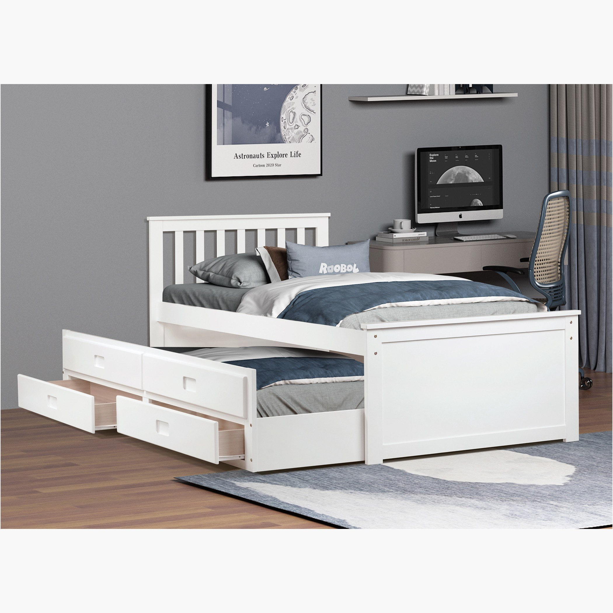 Movo Ivory Stova Captain Bed with Trundle and Drawer - 90x200 cm-hbxfurniture-bedsandbedsets-beds-single-image-3