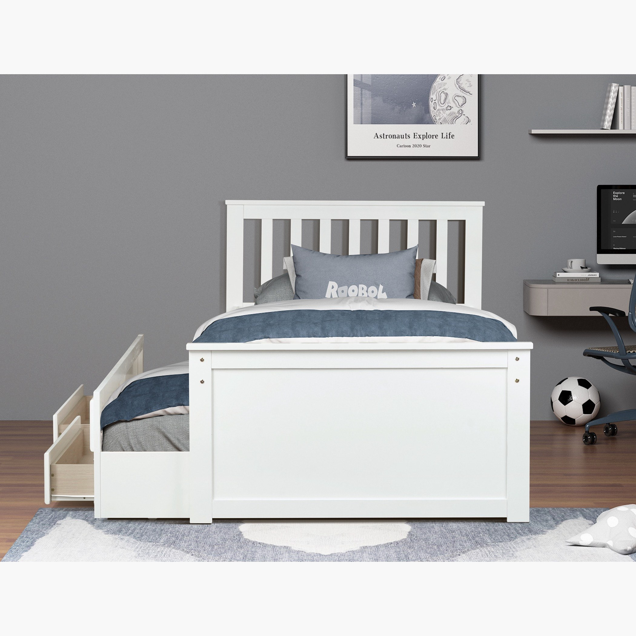 Movo Ivory Stova Captain Bed with Trundle and Drawer - 90x200 cm-hbxfurniture-bedsandbedsets-beds-single-image-4