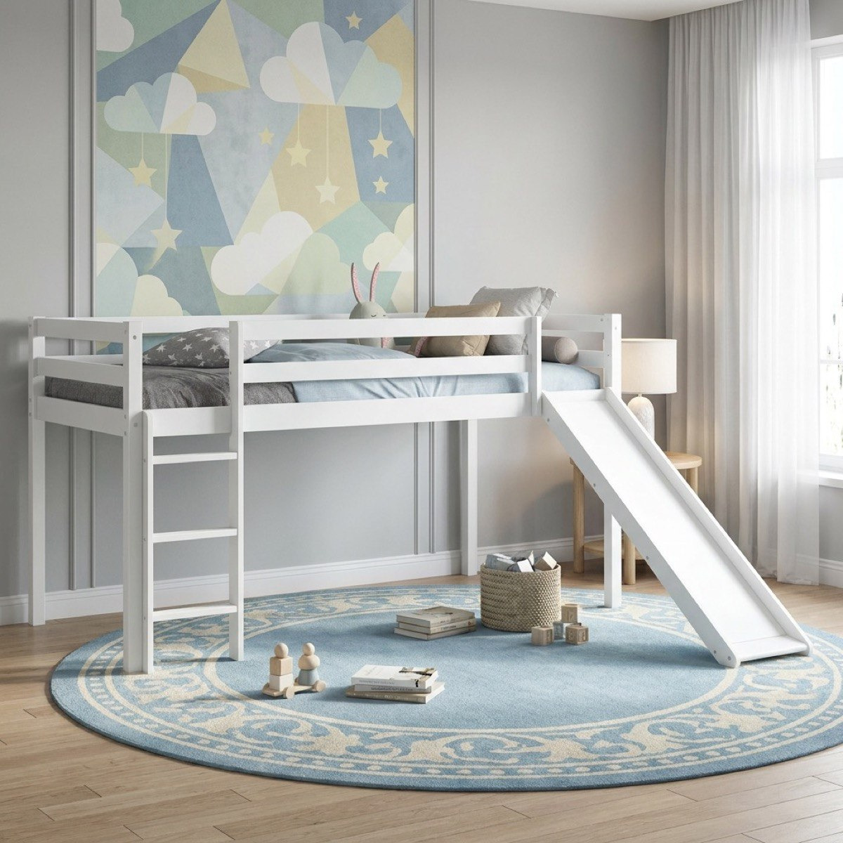 Ivory Stova Single Loft Bed with Slide and Climbing Ladder - 90x200 cm-hbxkidsandyouth-bedsandbedsets-bunkbeds-single-image-1