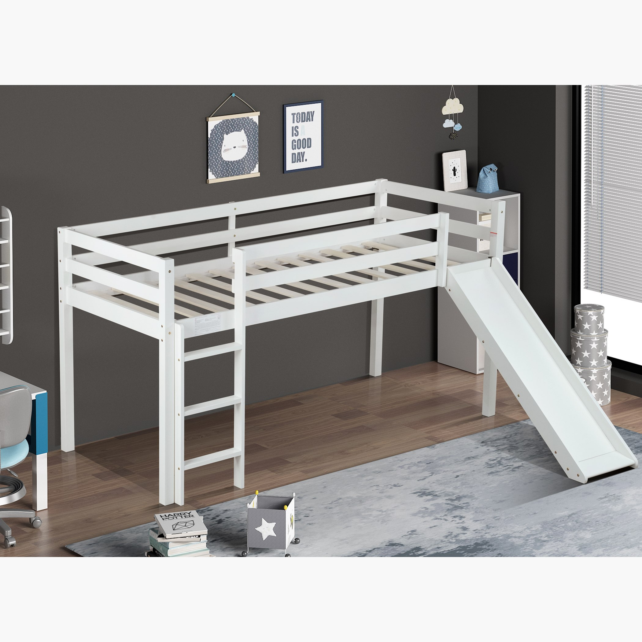 Ivory Stova Single Loft Bed with Slide and Climbing Ladder - 90x200 cm-hbxkidsandyouth-bedsandbedsets-bunkbeds-single-image-2