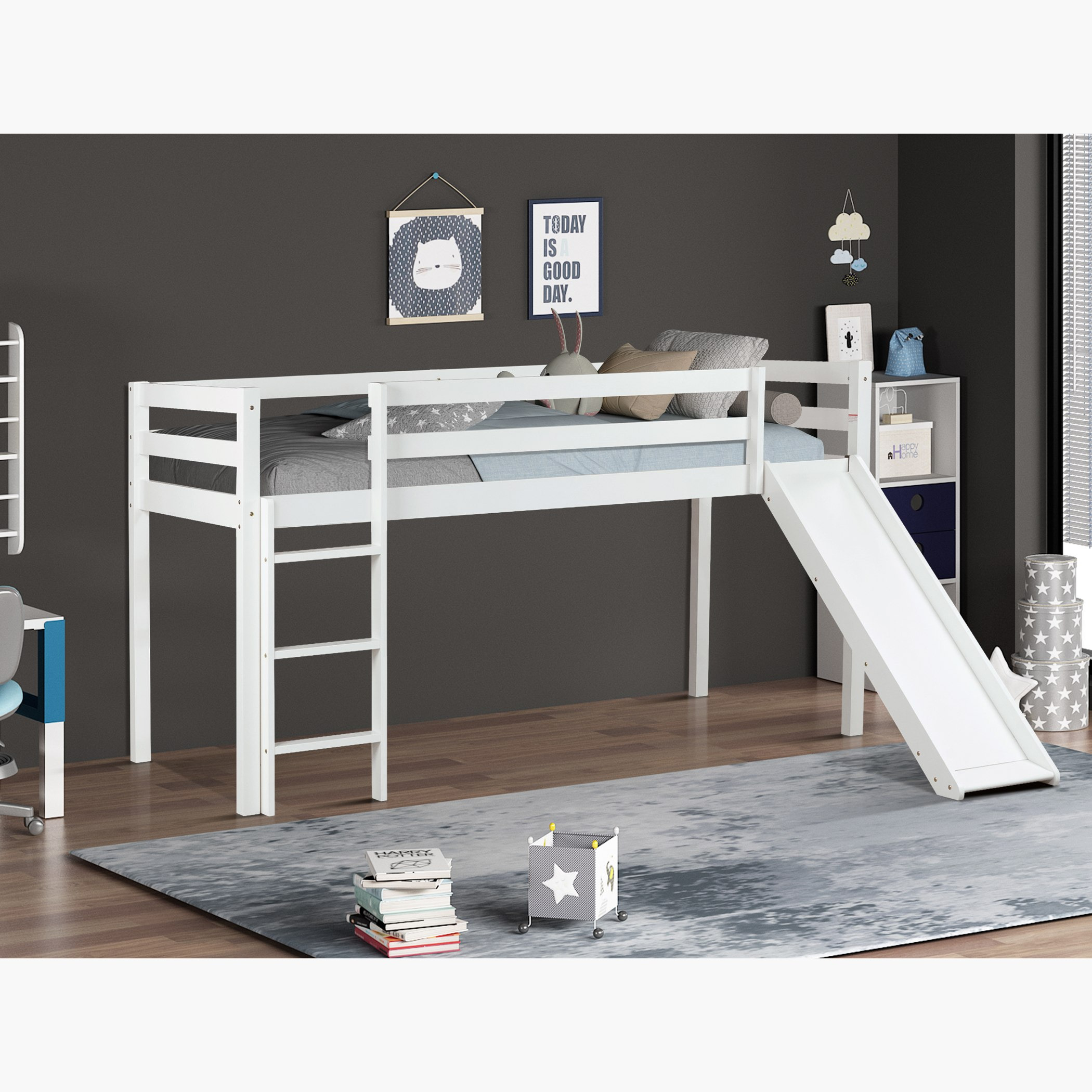 Ivory Stova Single Loft Bed with Slide and Climbing Ladder - 90x200 cm-hbxkidsandyouth-bedsandbedsets-bunkbeds-single-image-3