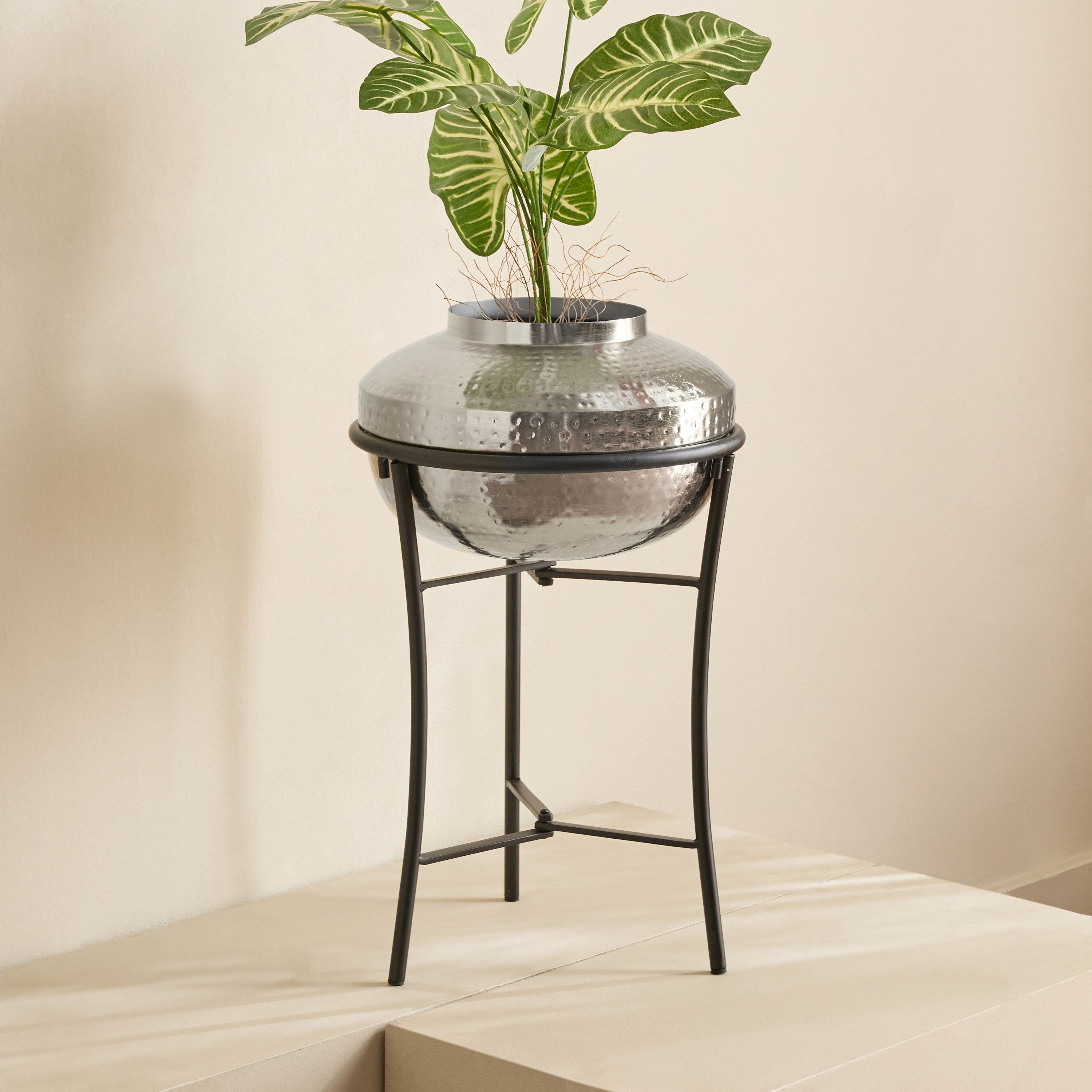 Monochrome Avya Metal Hammered Planter with Stand - 30.5x30.5x51 cm-hbxlivingroom-decorandaccessories-plantersandurns-image-1