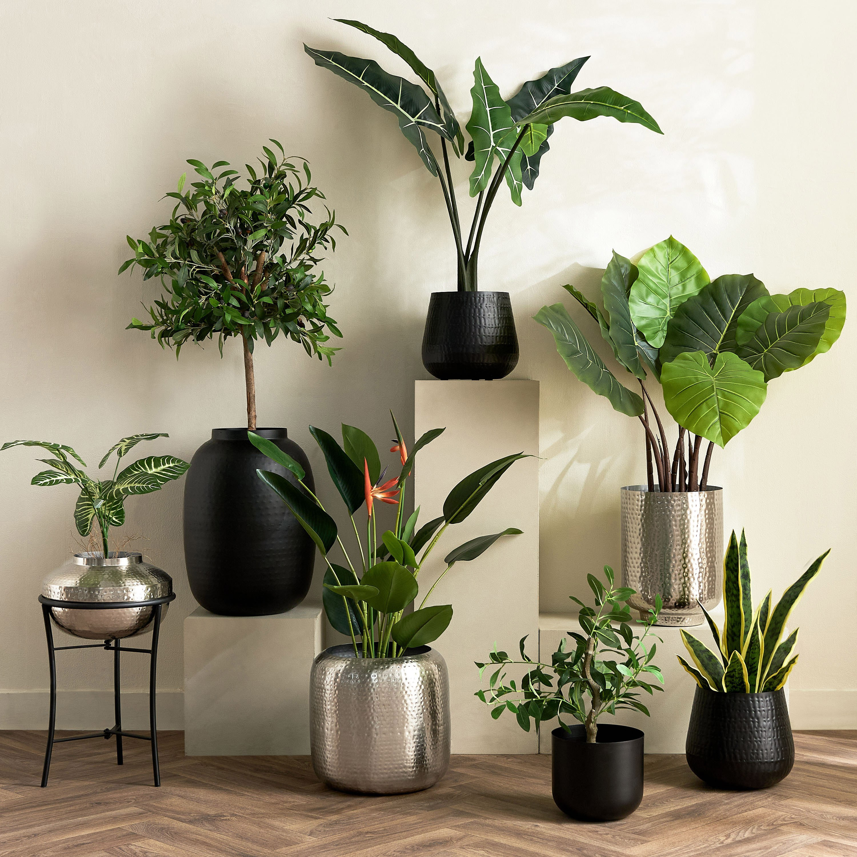 Monochrome Avya Metal Hammered Planter with Stand - 30.5x30.5x51 cm-hbxlivingroom-decorandaccessories-plantersandurns-image-5