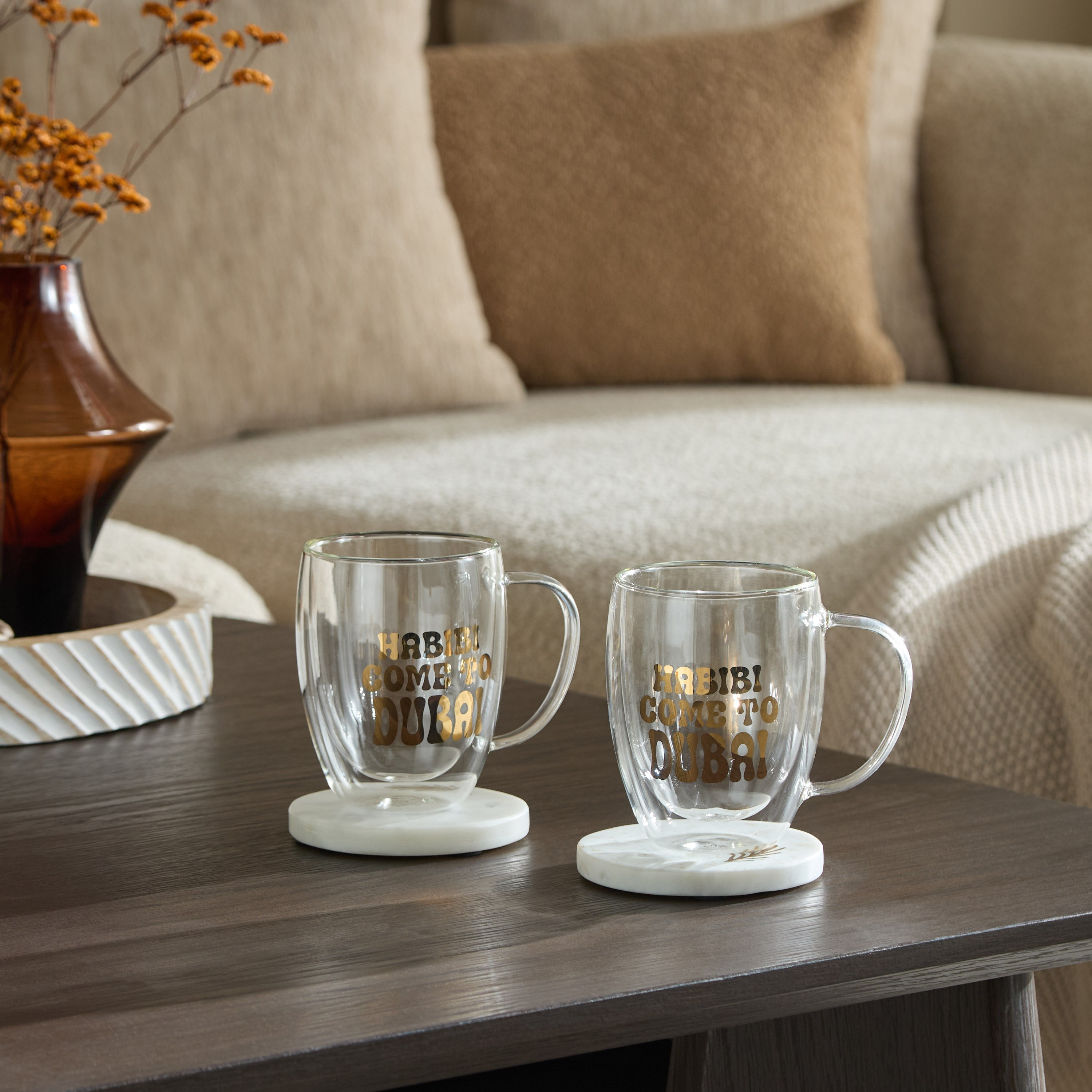 Zen Borosilicate Glass 2-Piece Habibi Come to Dubai Printed Double Wall Mug with Handle - 350 ml-hbxdecorandfurnishings-tabletop-glassware-image-8