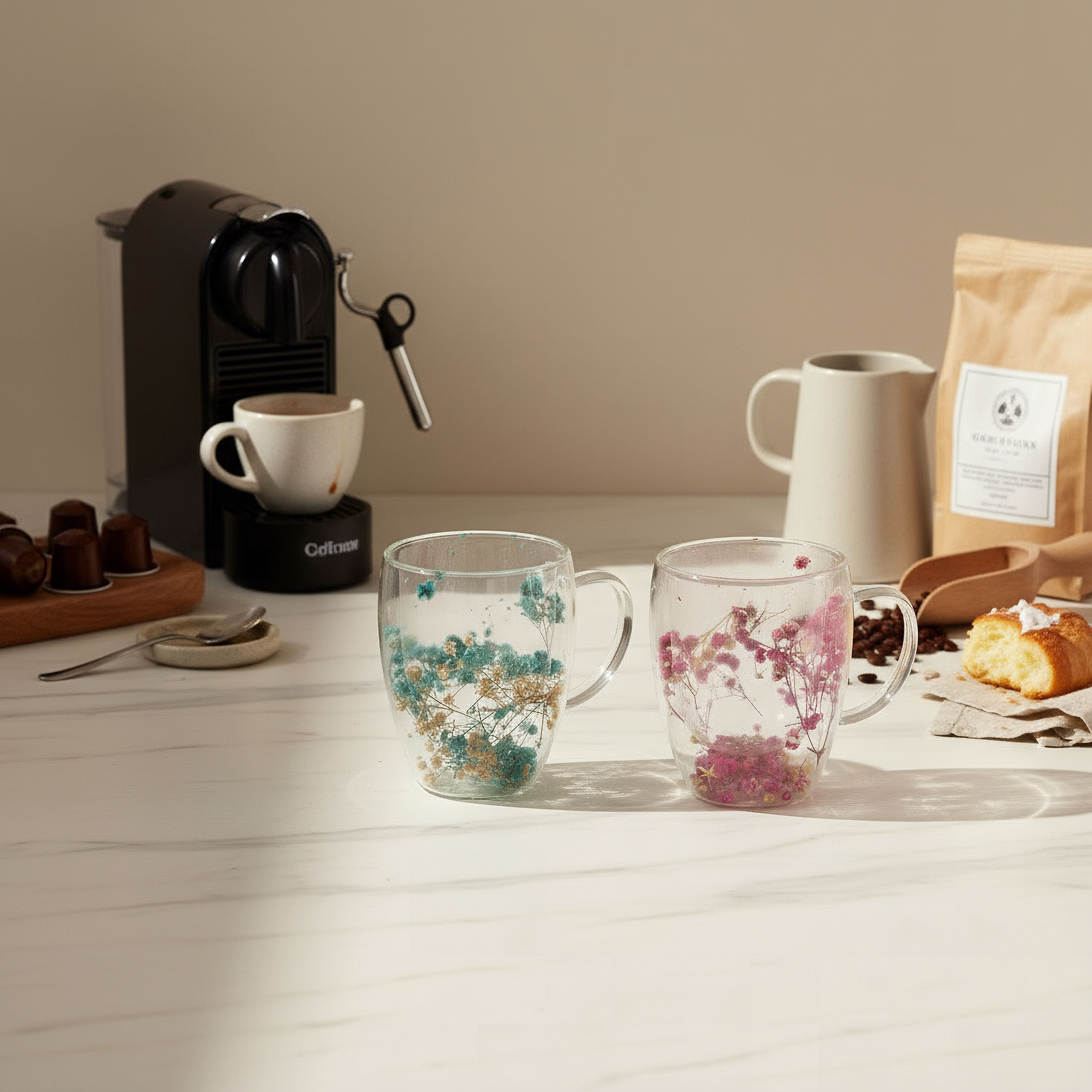 Zen Borosilicate Glass 2-Piece Double Wall Decorated Flower Coffee Cup Set - 350 ml-hbxdecorandfurnishings-tabletop-glassware-image-3