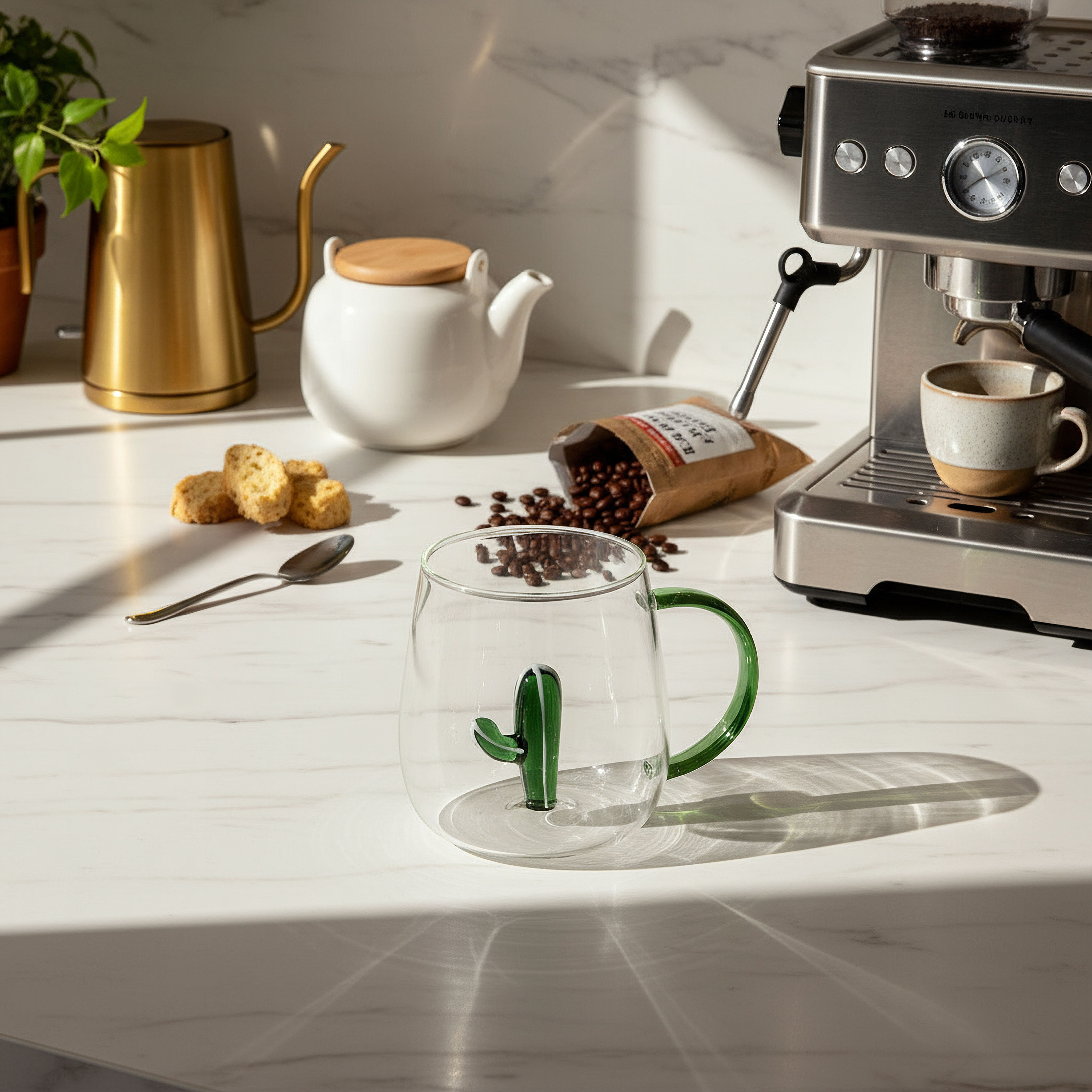 Zen Borosilicate Glass 3D Cactus Design Coffee Cup with Handle - 300 ml-hbxdecorandfurnishings-tabletop-glassware-image-3