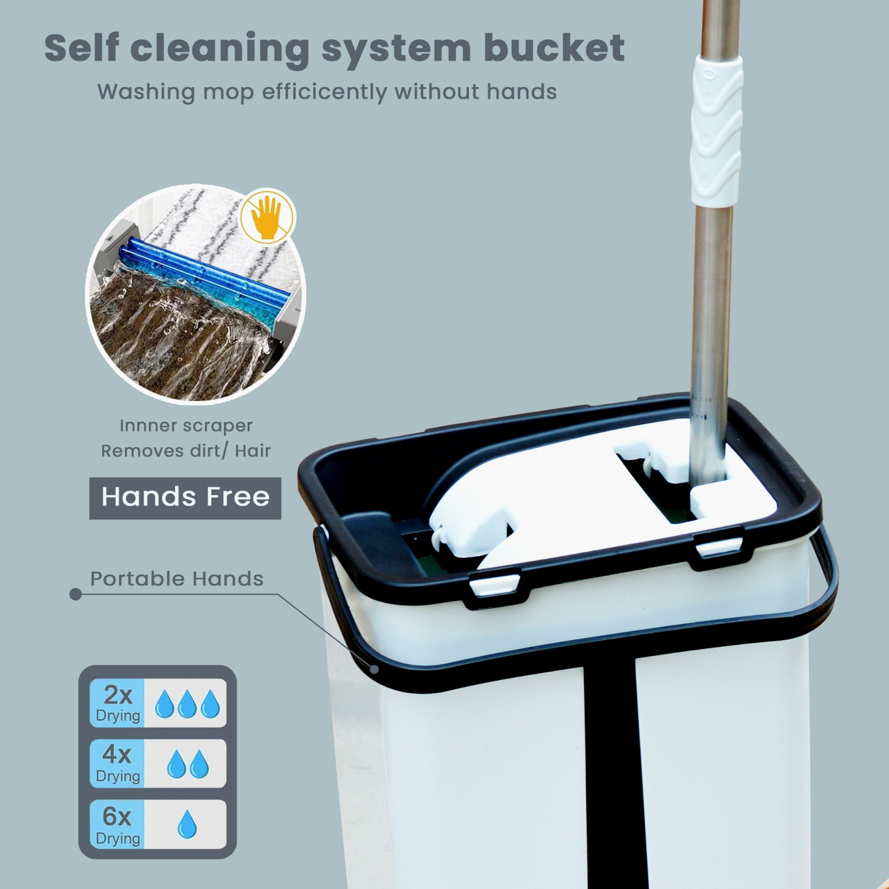 ممسحة مسطحة برأس قابل للدوران 360 درجة ومقبض فولاذ تلسكوبي مع دلو من صفاء-hbxbathroom-laundry-cleaningaccessories-image-4