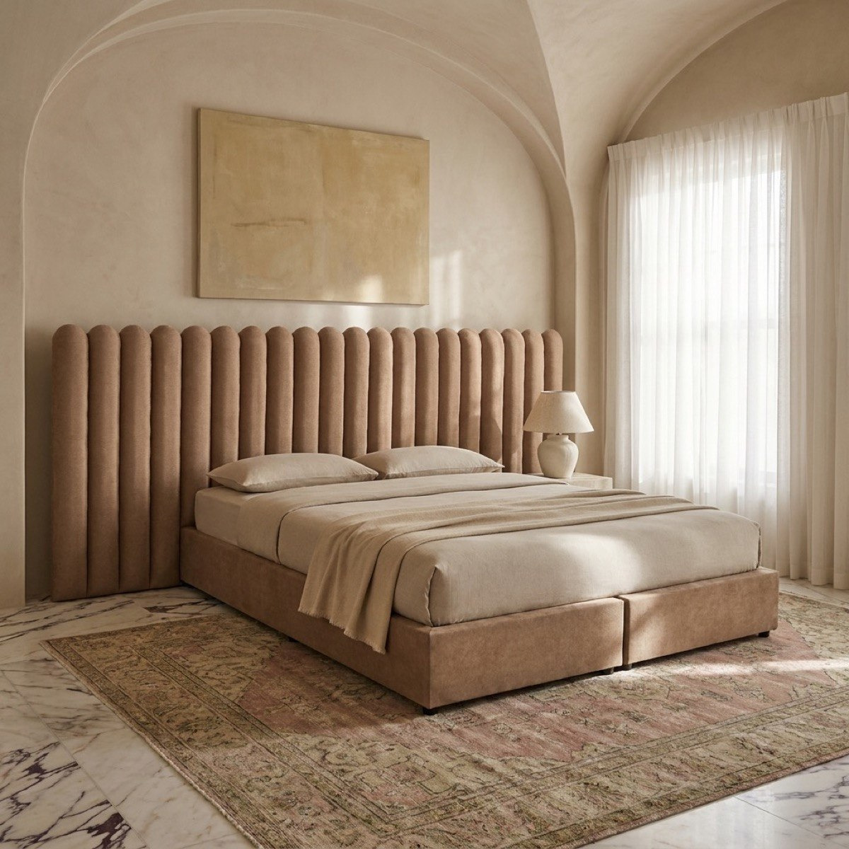 Curvy Brooks Extended Headboard Queen Upholstered Bed - 160x200 cm-hbxbedroom-bedsandbedsets-beds-queen-image-1