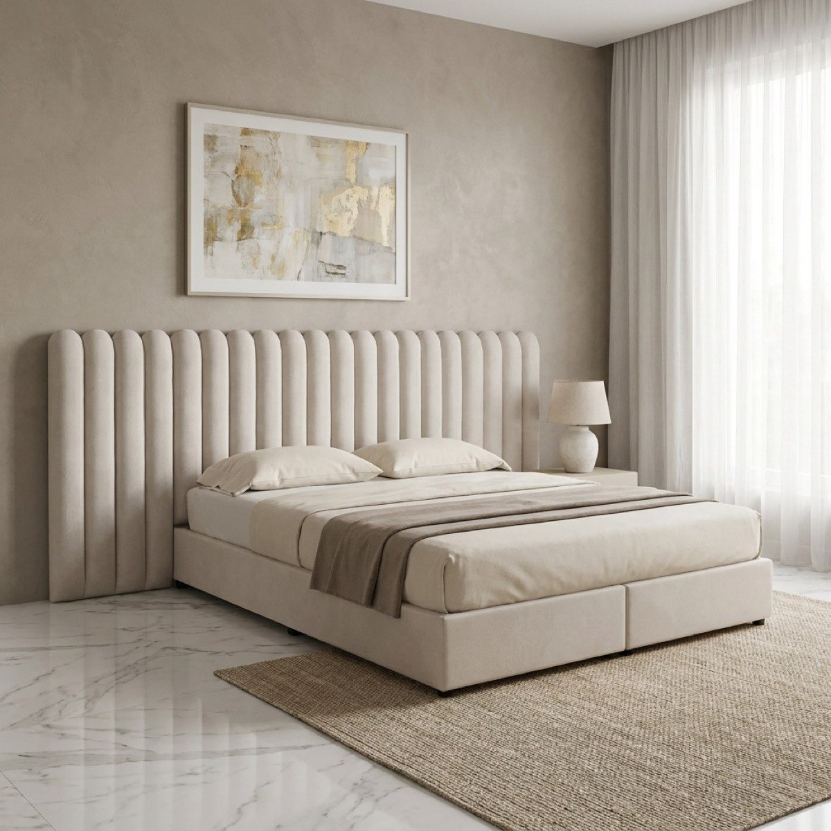 Curvy Brooks Extended Headboard Queen Upholstered Bed - 160x200 cm-hbxbedroom-bedsandbedsets-beds-queen-image-1