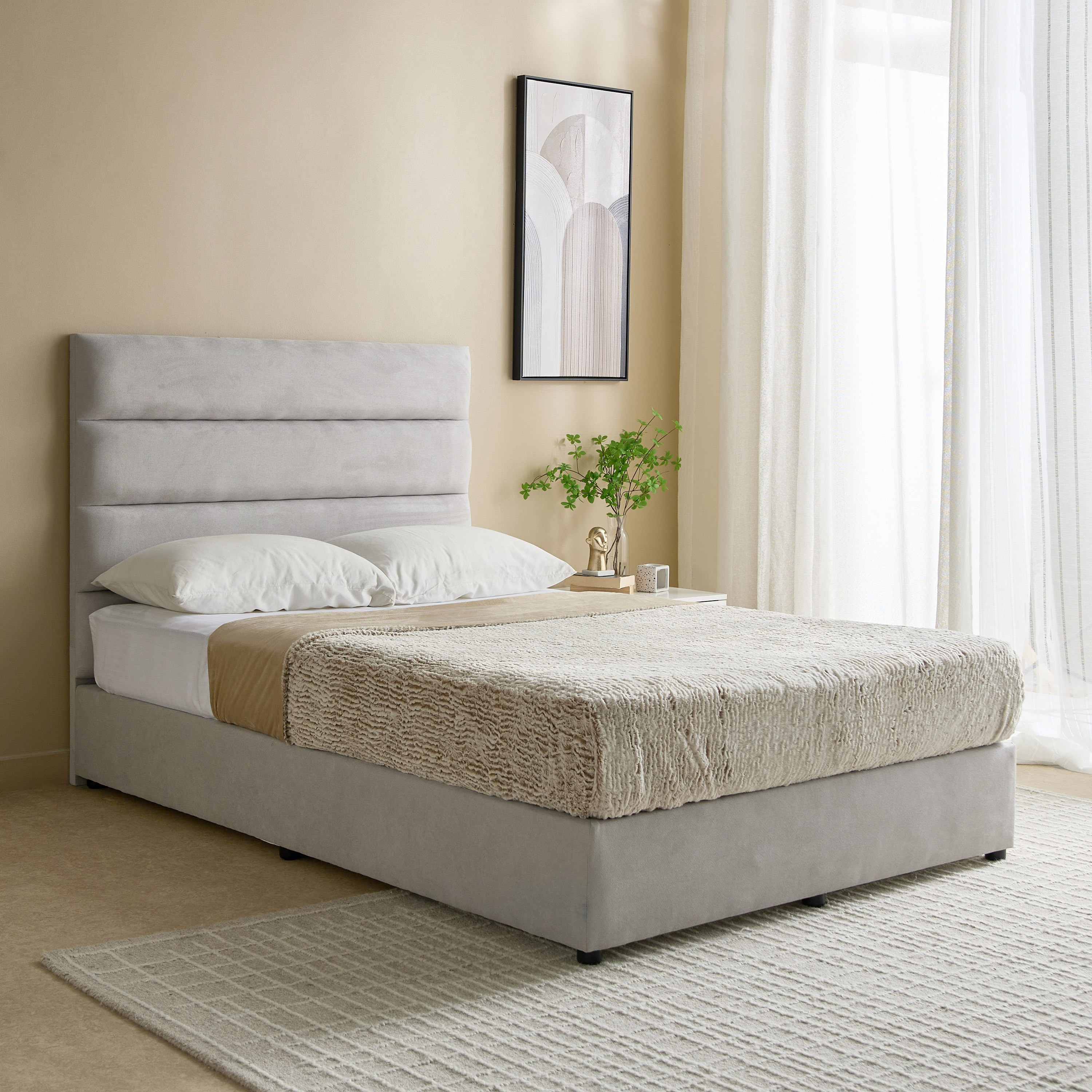 Curvy Linear Upholstered Queen Bed - 140x200 cm-hbxbedroom-bedsandbedsets-beds-queen-image-1