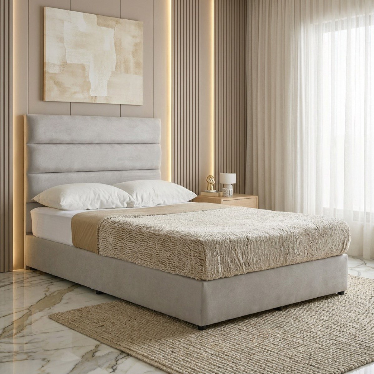 Curvy Linear Upholstered Queen Bed - 160x200 cm-hbxbedroom-bedsandbedsets-beds-queen-image-1