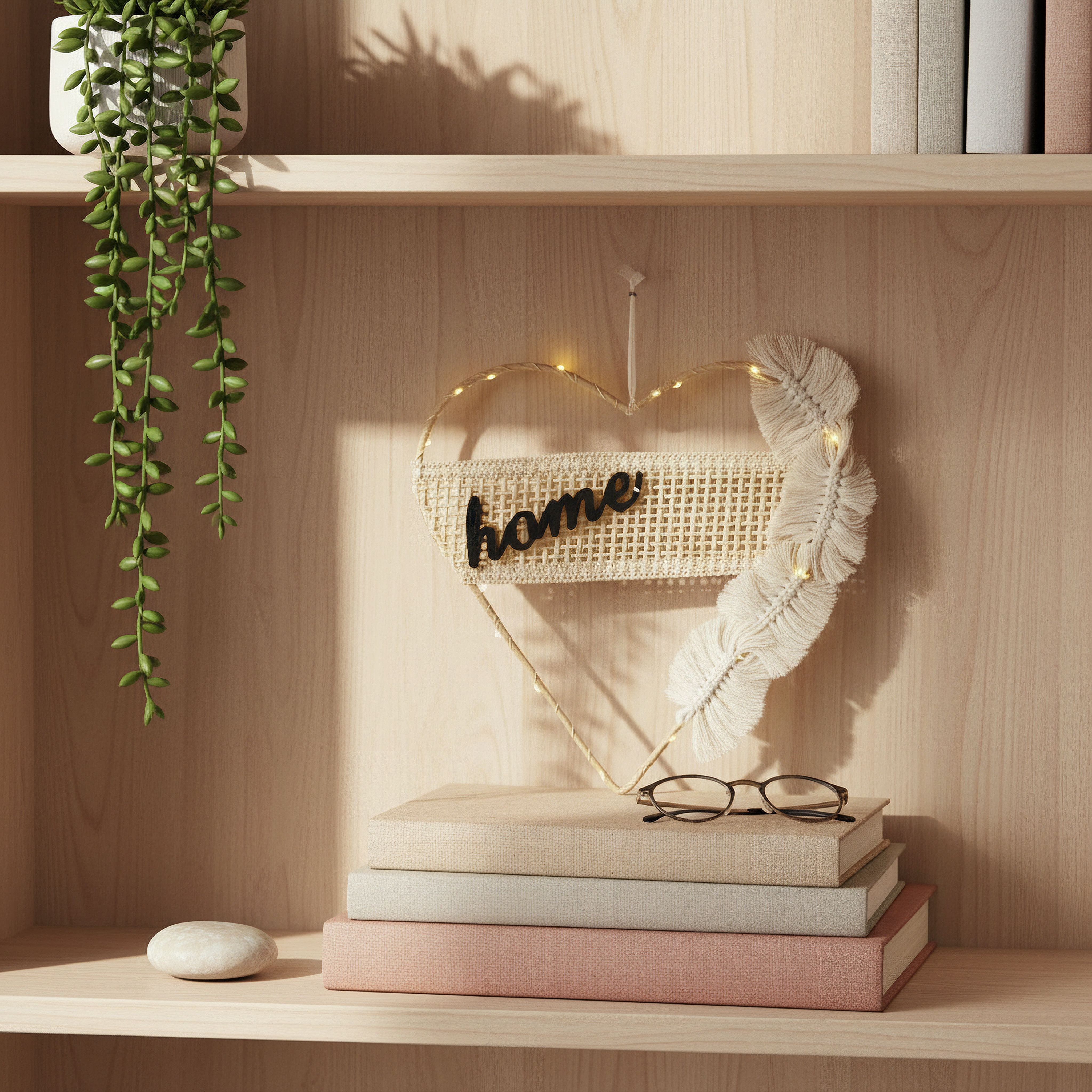 Elio Wood Letters Home with Cotton Thread Iron Heart and 20 Warm LED Lights Wall Decor - 30x29.5 cm-hbxdiningroom-lighting-decorativesandstringlights-image-3