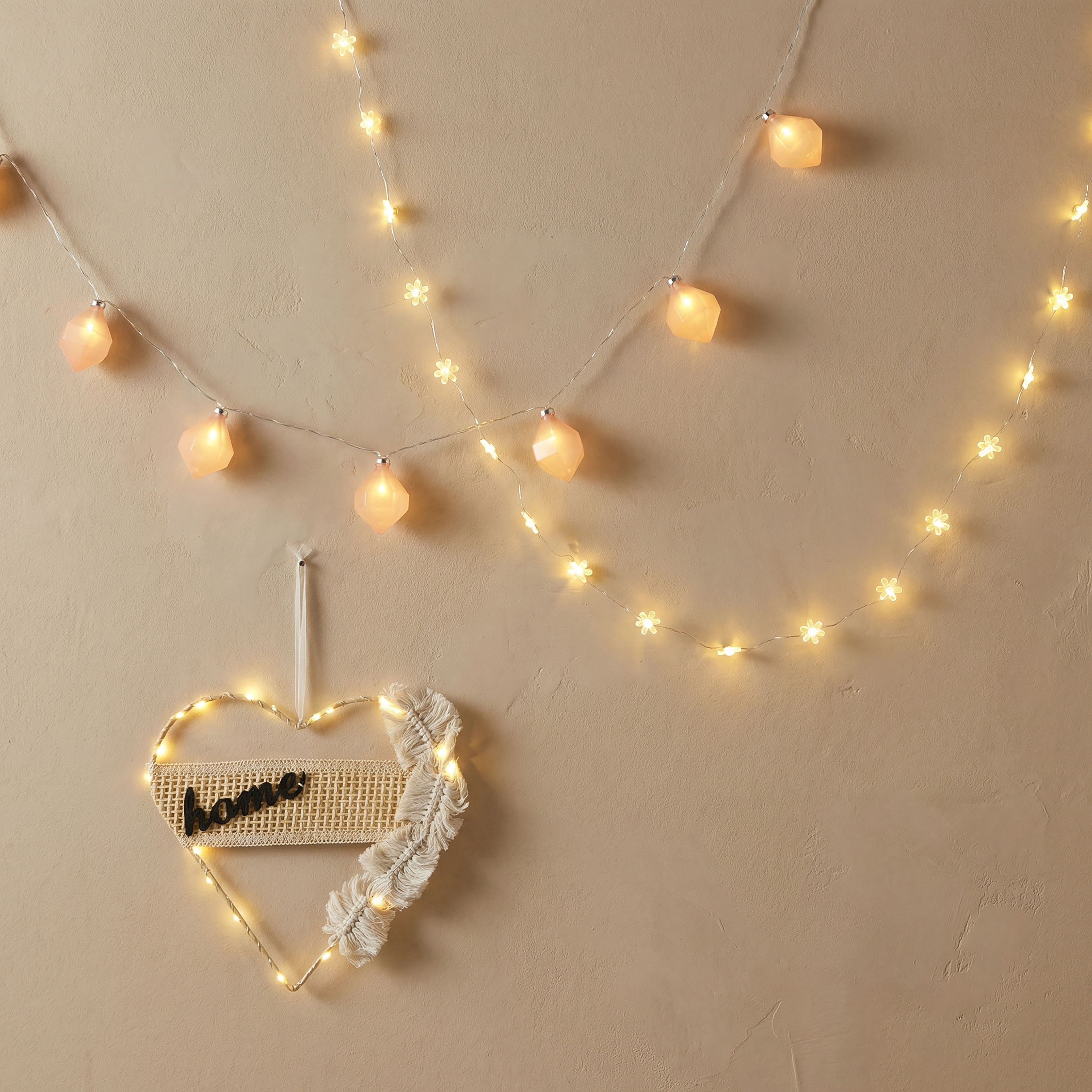 Elio Wood Letters Home with Cotton Thread Iron Heart and 20 Warm LED Lights Wall Decor - 30x29.5 cm-hbxdiningroom-lighting-decorativesandstringlights-image-4