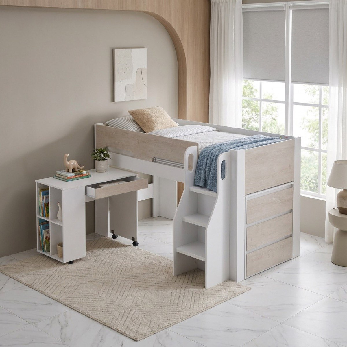 Ivory Mid Sleeper Single Bed with Study Desk and Storage - 90x190 cm-hbxkidsandyouth-bedsandbedsets-bunkbeds-single-image-1