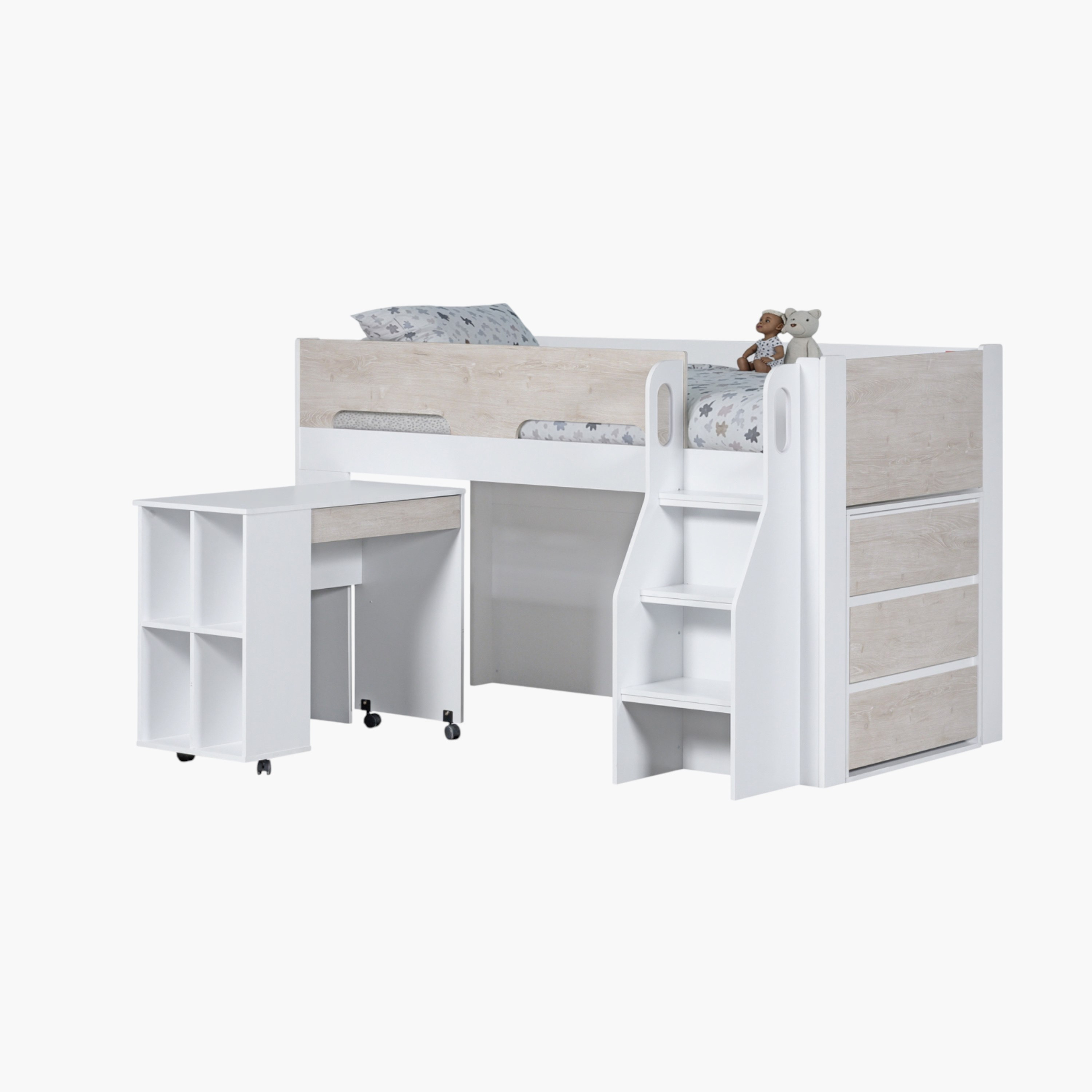 Ivory Mid Sleeper Single Bed with Study Desk and Storage - 90x190 cm-hbxkidsandyouth-bedsandbedsets-bunkbeds-single-image-3
