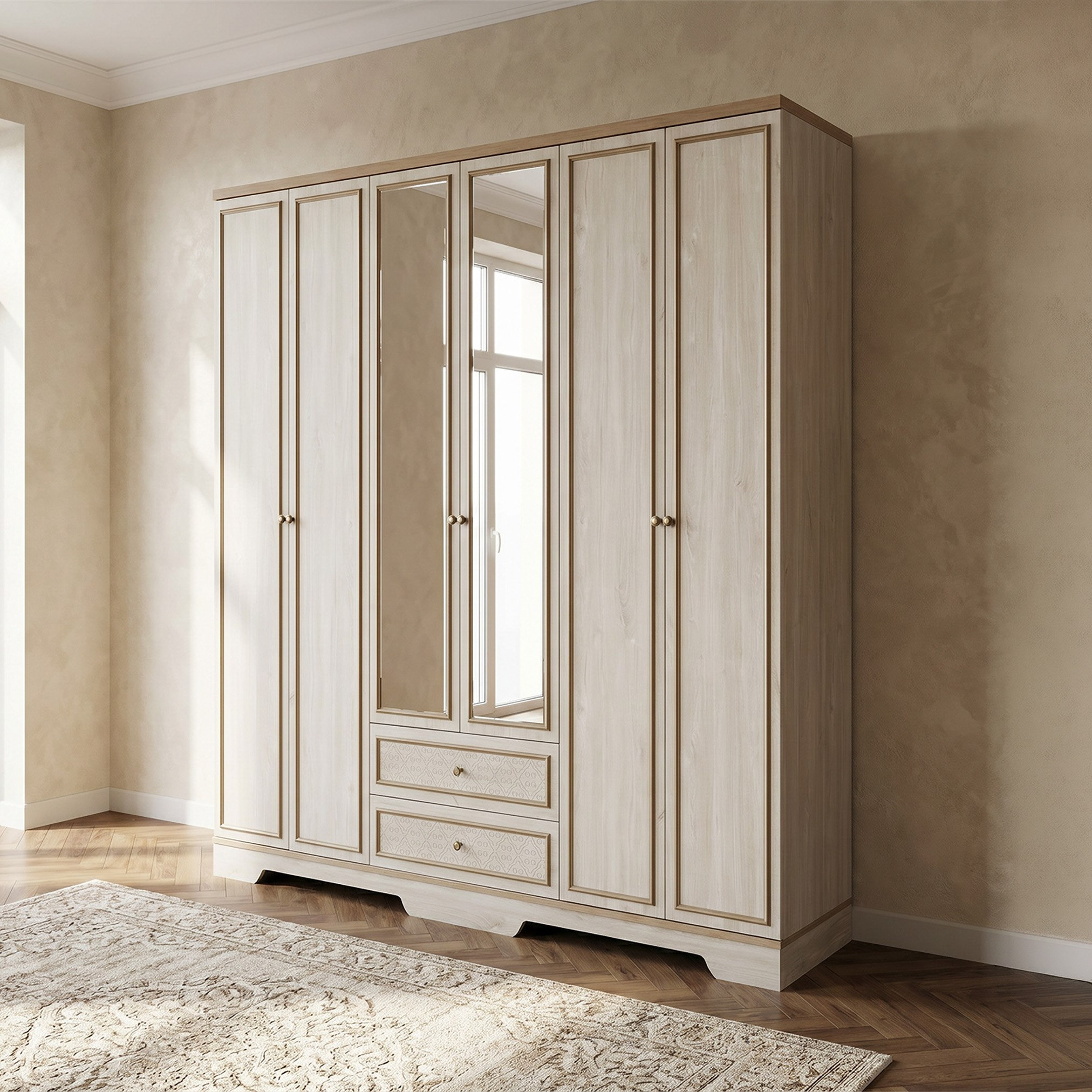 Glorenza 6-Door Wardrobe with 2 Drawers and Mirror-hbxfurniture-wardrobes-image-1