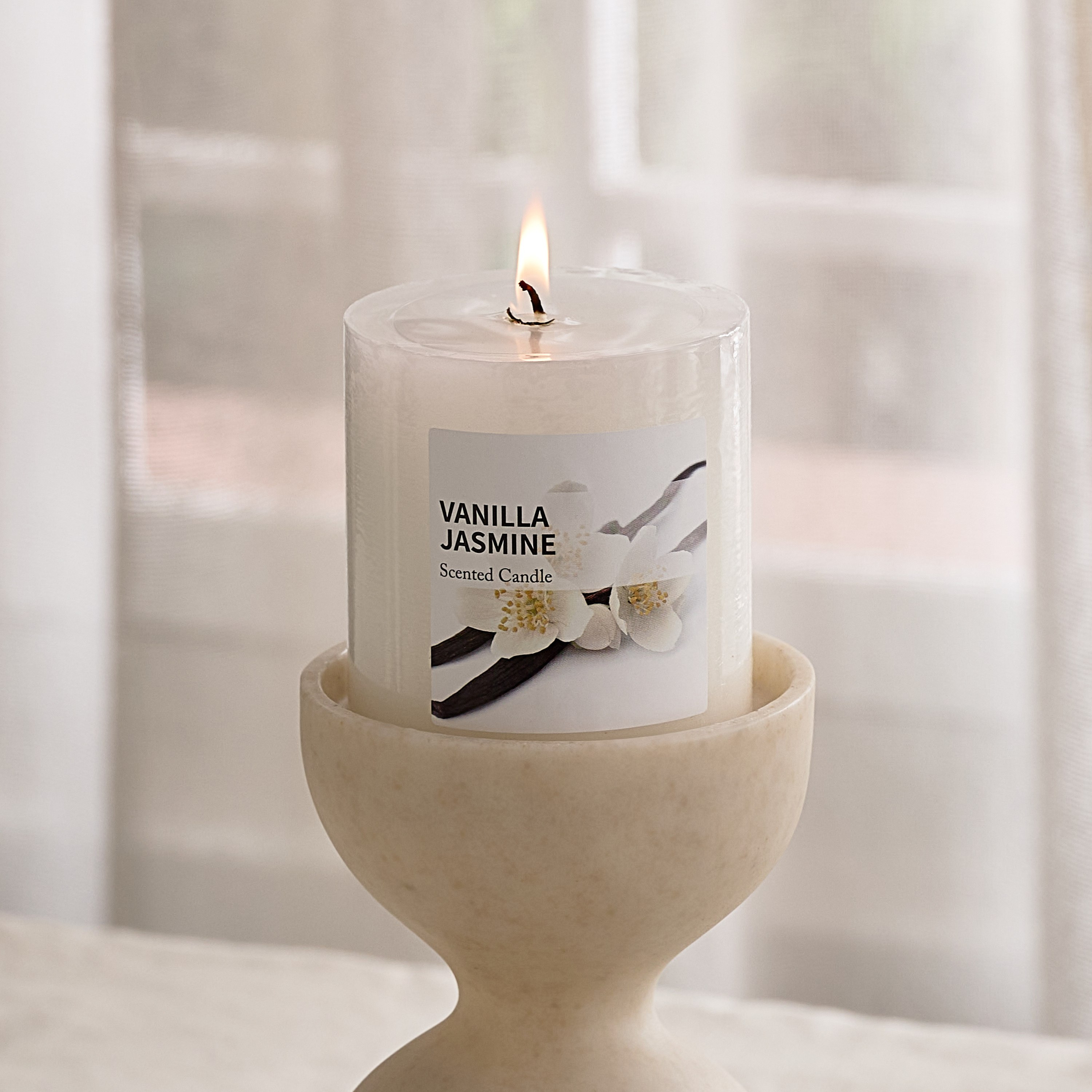 Qara Vanilla Jasmine Pillar Candle - 6.8x7 cm-hbxlivingroom-decorandaccessories-candles-image-2
