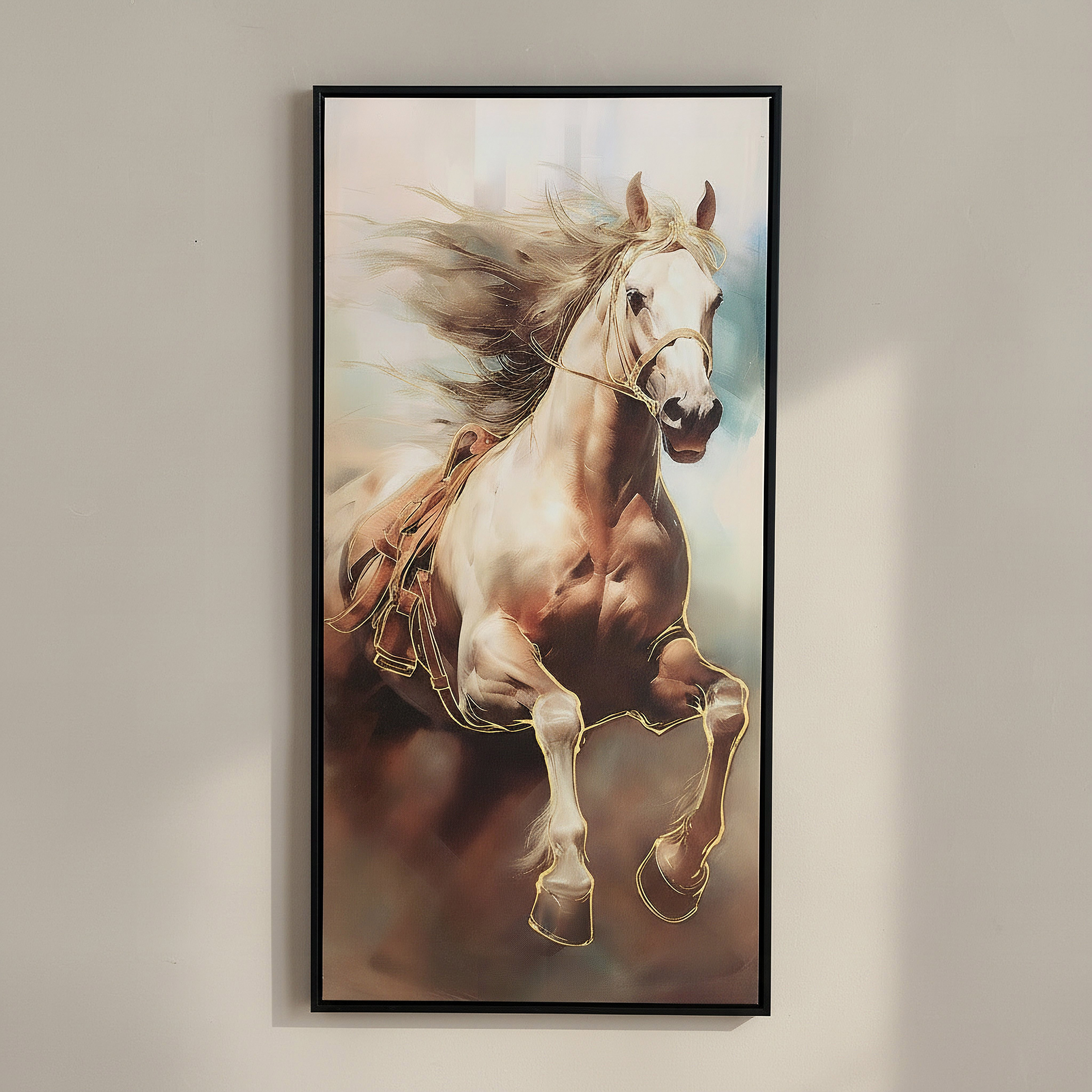 Cyprus Elara Running Horse Framed Canvas with 3D Effect Gold Foil - 40x80x2.8 cm-hbxhomeware-hbxdecorandfurnishings-image-1