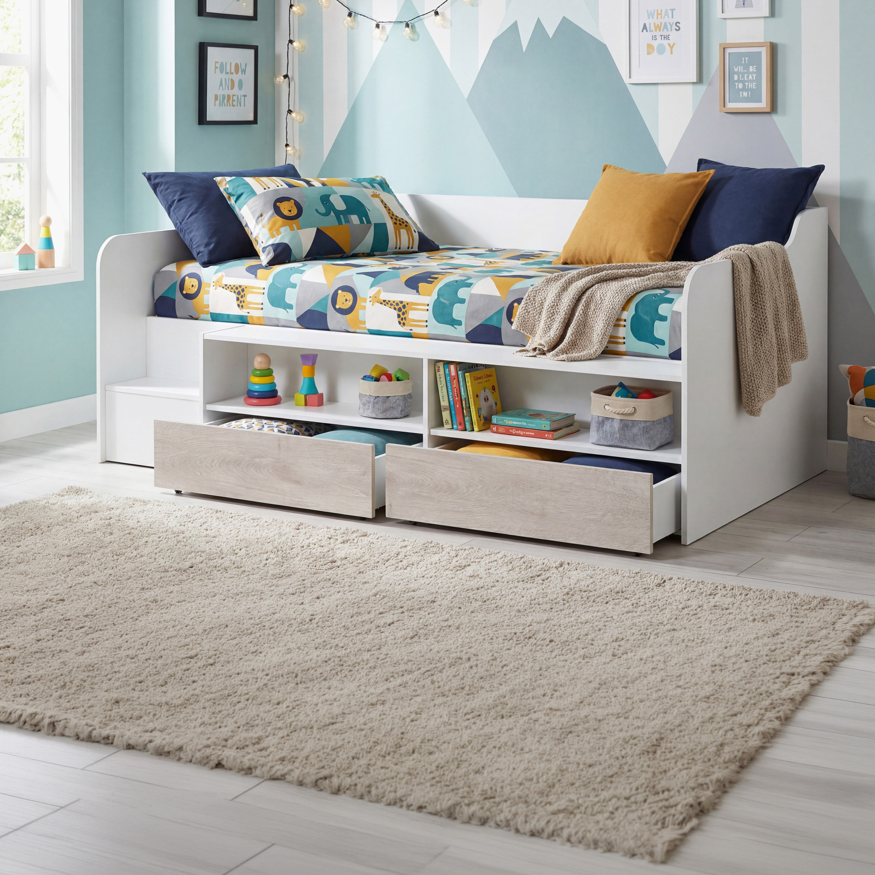 Ivory Low Sleeper Single Bed with 2 Drawers and Open Shelf Storage - 90x190 cm-hbxfurniture-bedsandbedsets-beds-single-image-1