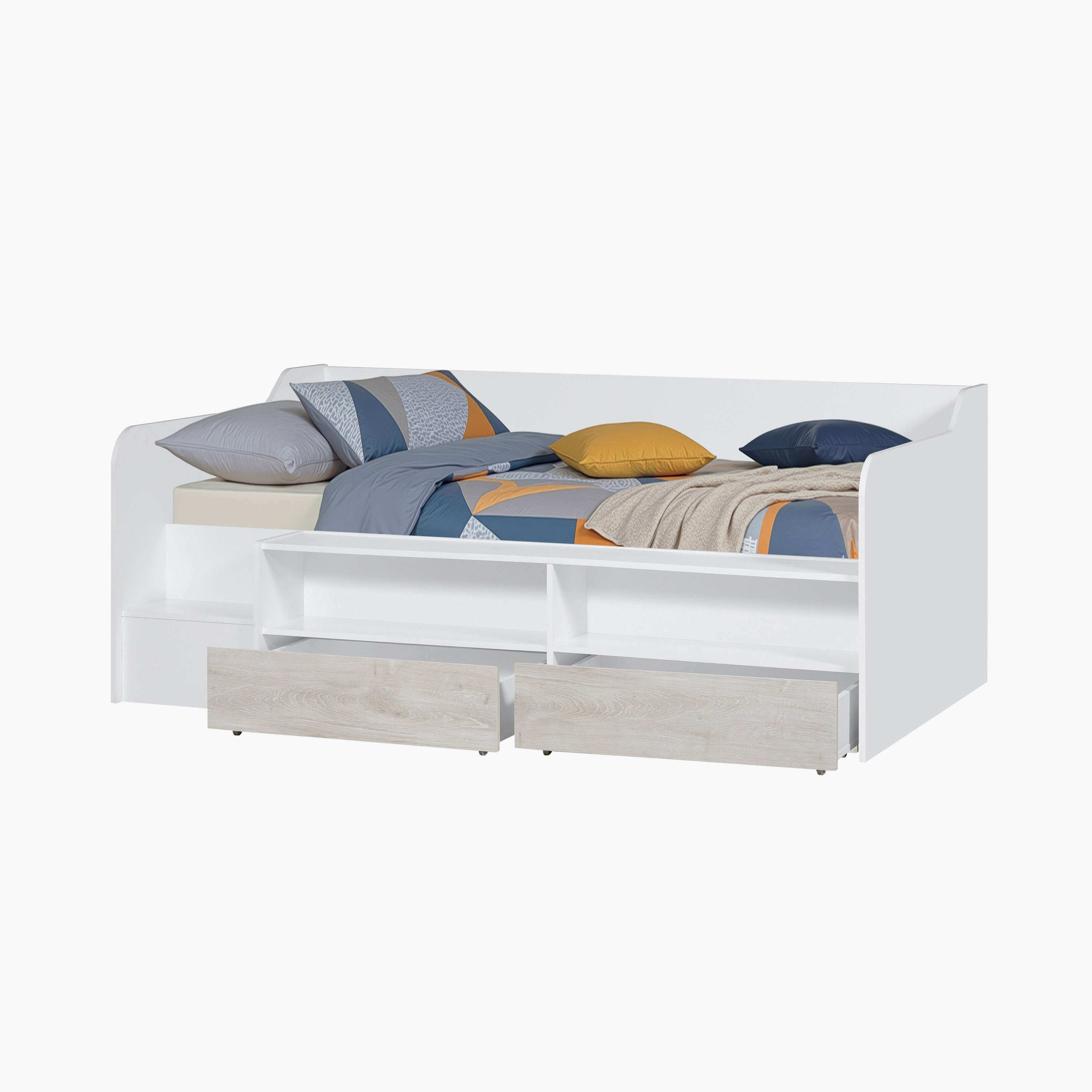 Ivory Low Sleeper Single Bed with 2 Drawers and Open Shelf Storage - 90x190 cm-hbxfurniture-bedsandbedsets-beds-single-image-2