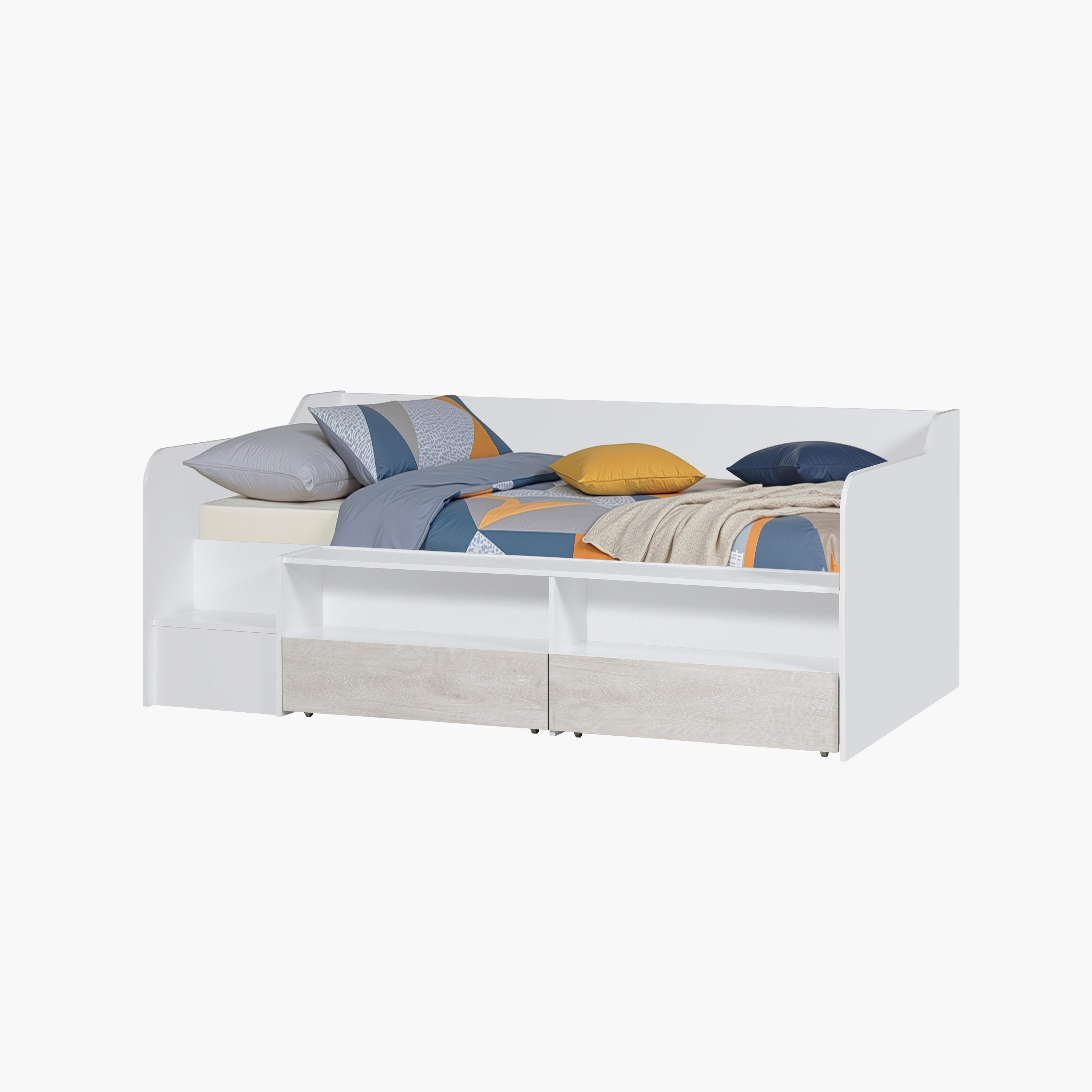 Ivory Low Sleeper Single Bed with 2 Drawers and Open Shelf Storage - 90x190 cm-hbxfurniture-bedsandbedsets-beds-single-image-3